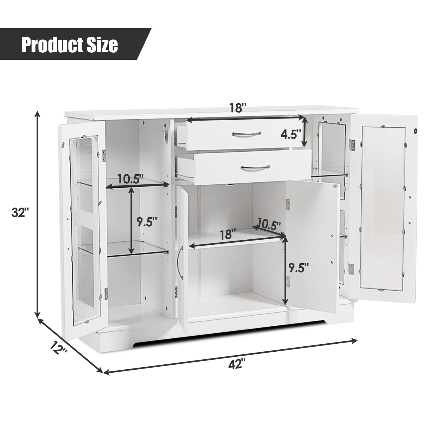 Modern Sideboard Buffet Cabinet with Drawers and Glass Doors for Kitchen or Dining Room Storage in White