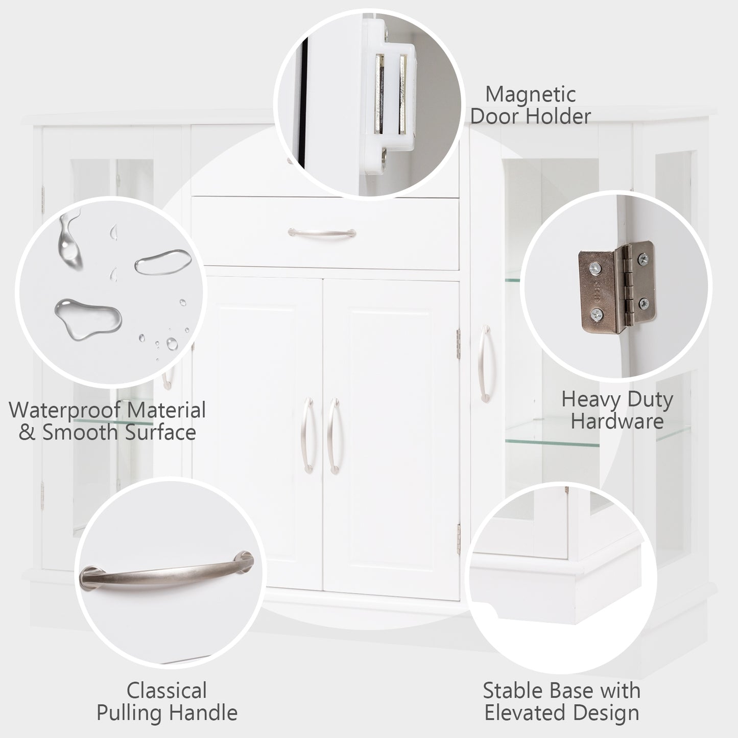 Modern Sideboard Buffet Cabinet with Drawers and Glass Doors for Kitchen or Dining Room Storage in White