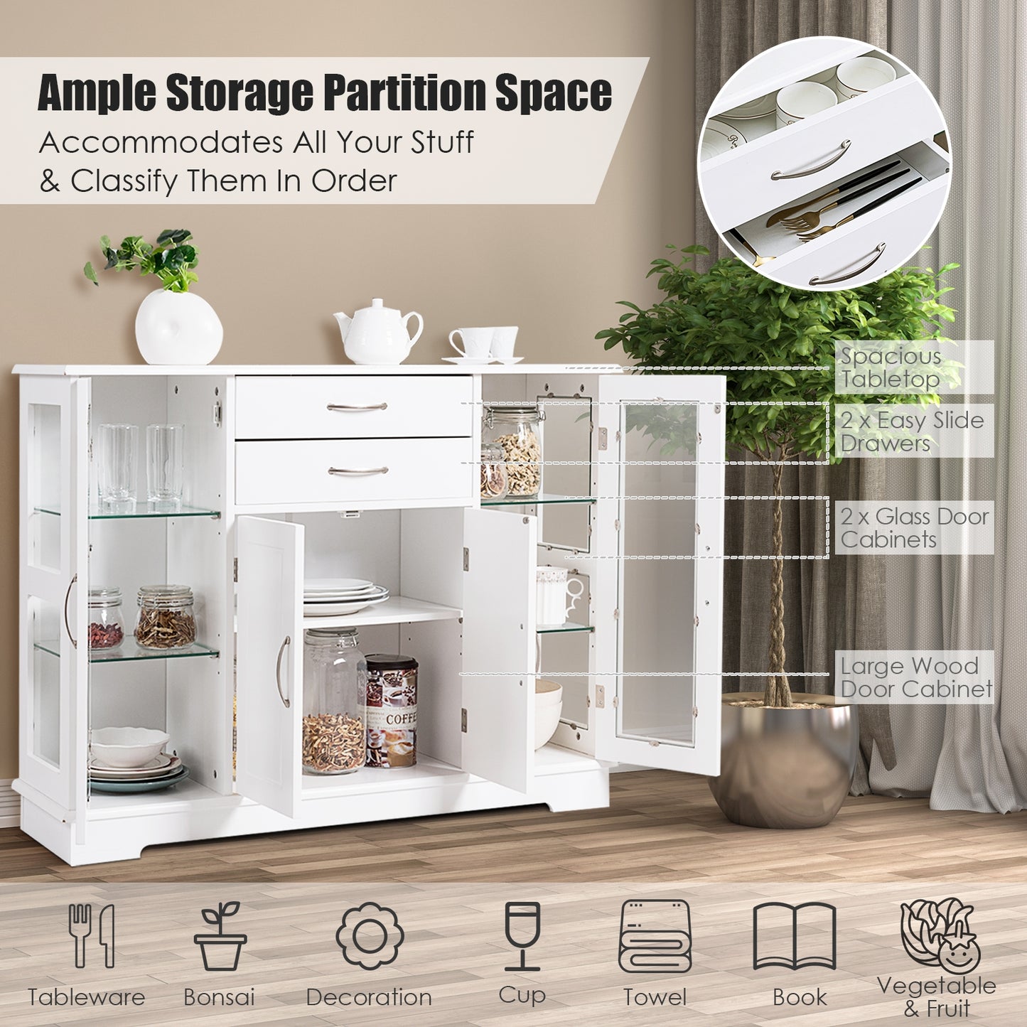 Modern Sideboard Buffet Cabinet with Drawers and Glass Doors for Kitchen or Dining Room Storage in White