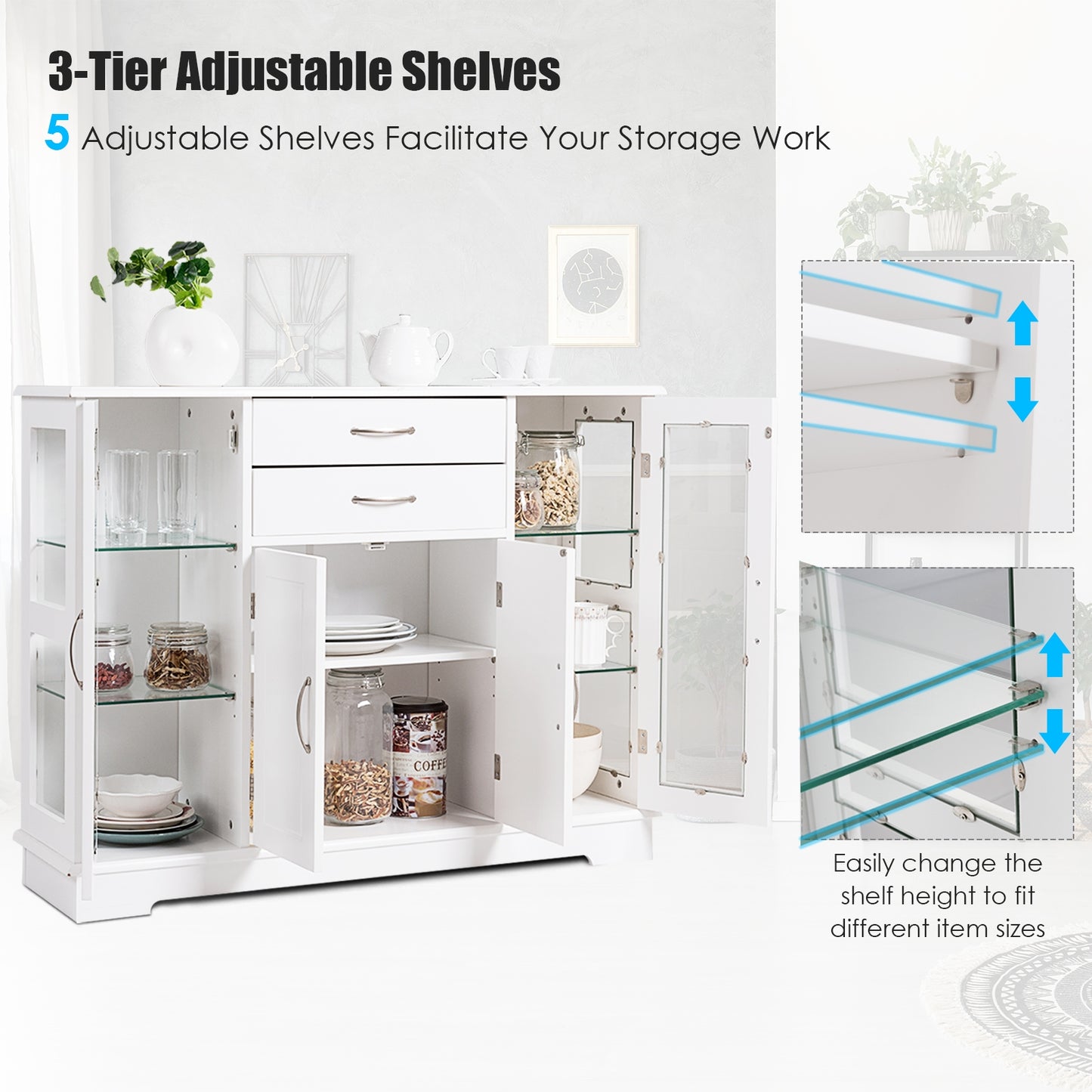 Modern Sideboard Buffet Cabinet with Drawers and Glass Doors for Kitchen or Dining Room Storage in White
