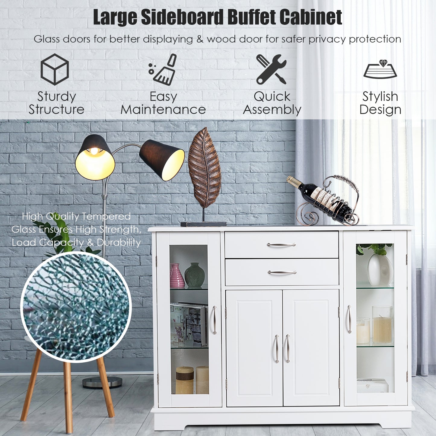 Modern Sideboard Buffet Cabinet with Drawers and Glass Doors for Kitchen or Dining Room Storage in White