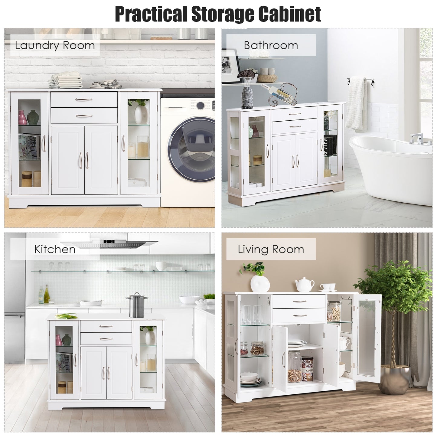 Modern Sideboard Buffet Cabinet with Drawers and Glass Doors for Kitchen or Dining Room Storage in White