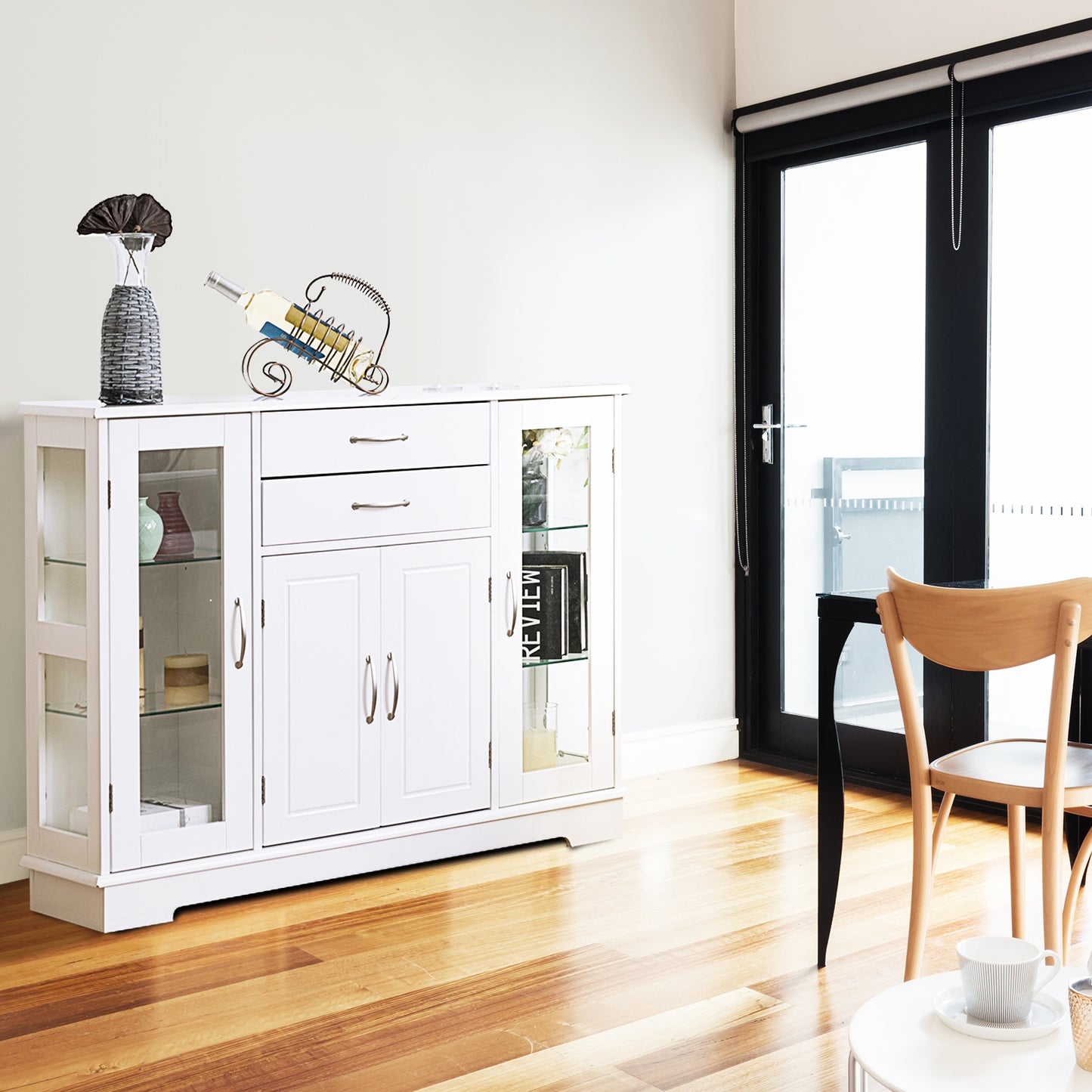 Modern Sideboard Buffet Cabinet with Drawers and Glass Doors for Kitchen or Dining Room Storage in White