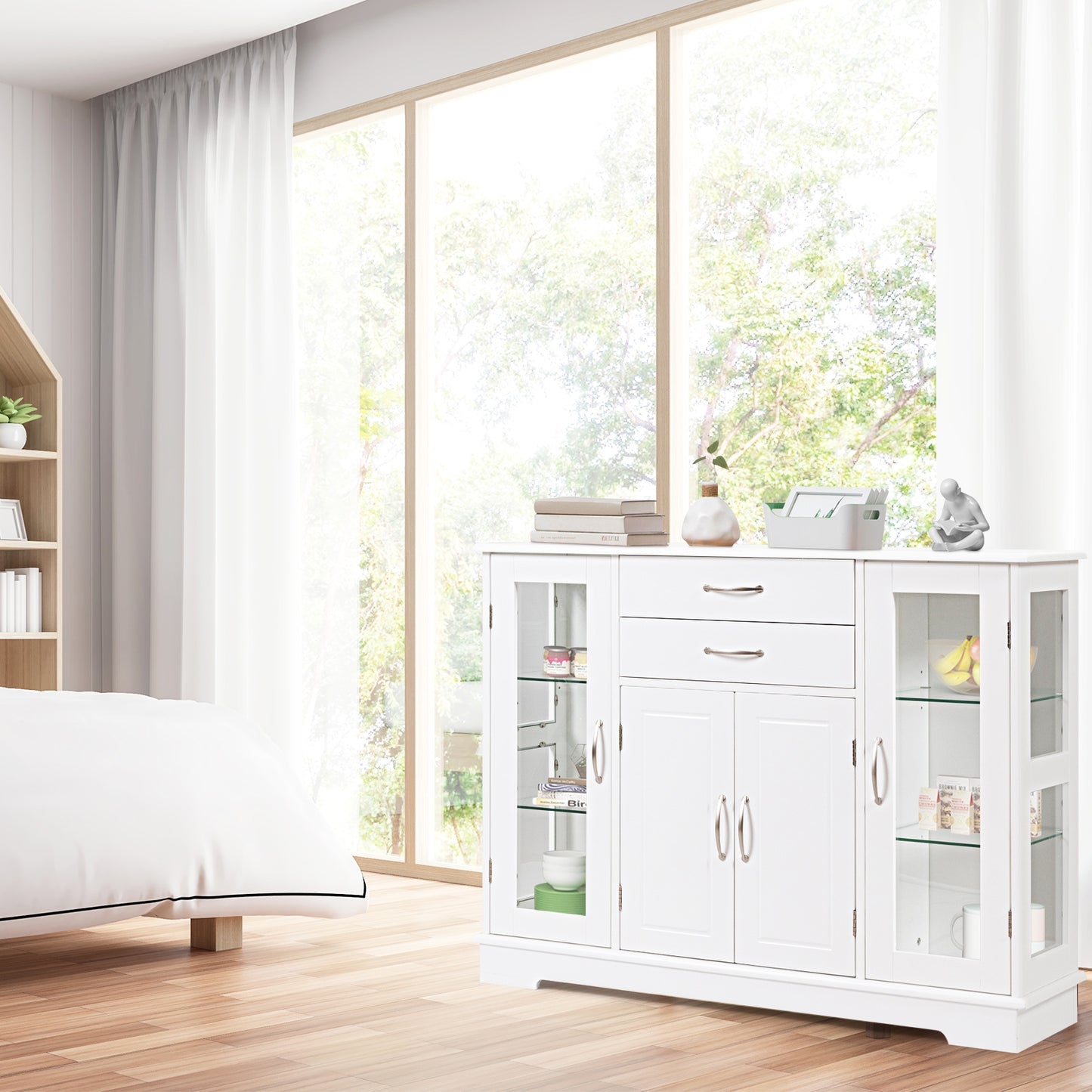 Modern Sideboard Buffet Cabinet with Drawers and Glass Doors for Kitchen or Dining Room Storage in White