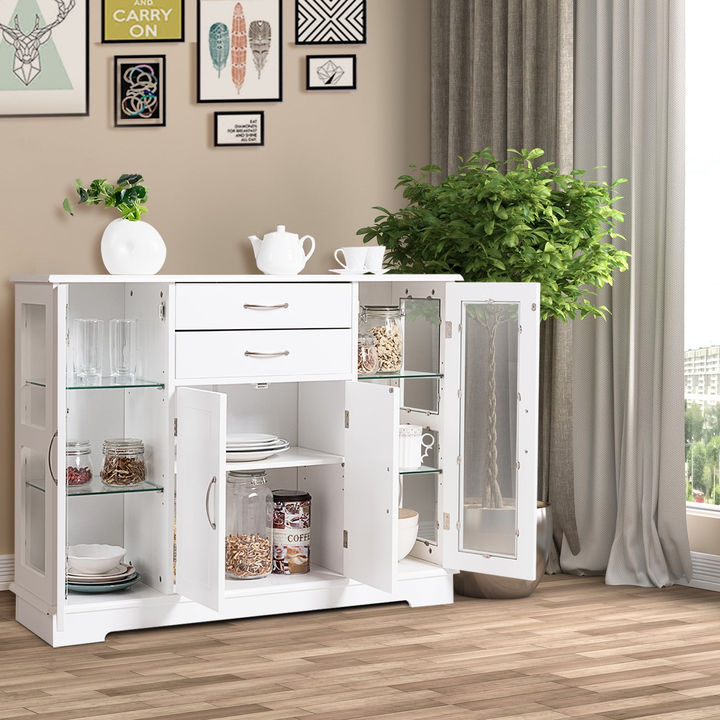 Modern Sideboard Buffet Cabinet with Drawers and Glass Doors for Kitchen or Dining Room Storage in White