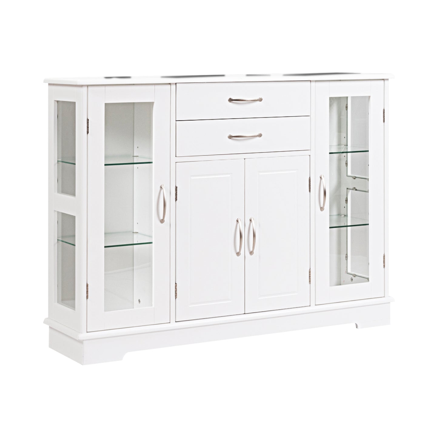 Modern Sideboard Buffet Cabinet with Drawers and Glass Doors for Kitchen or Dining Room Storage in White