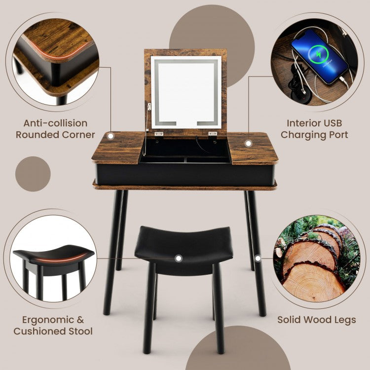Rustic Flip-Top Vanity Set with LED Mirror, USB Port, Storage, and Stool