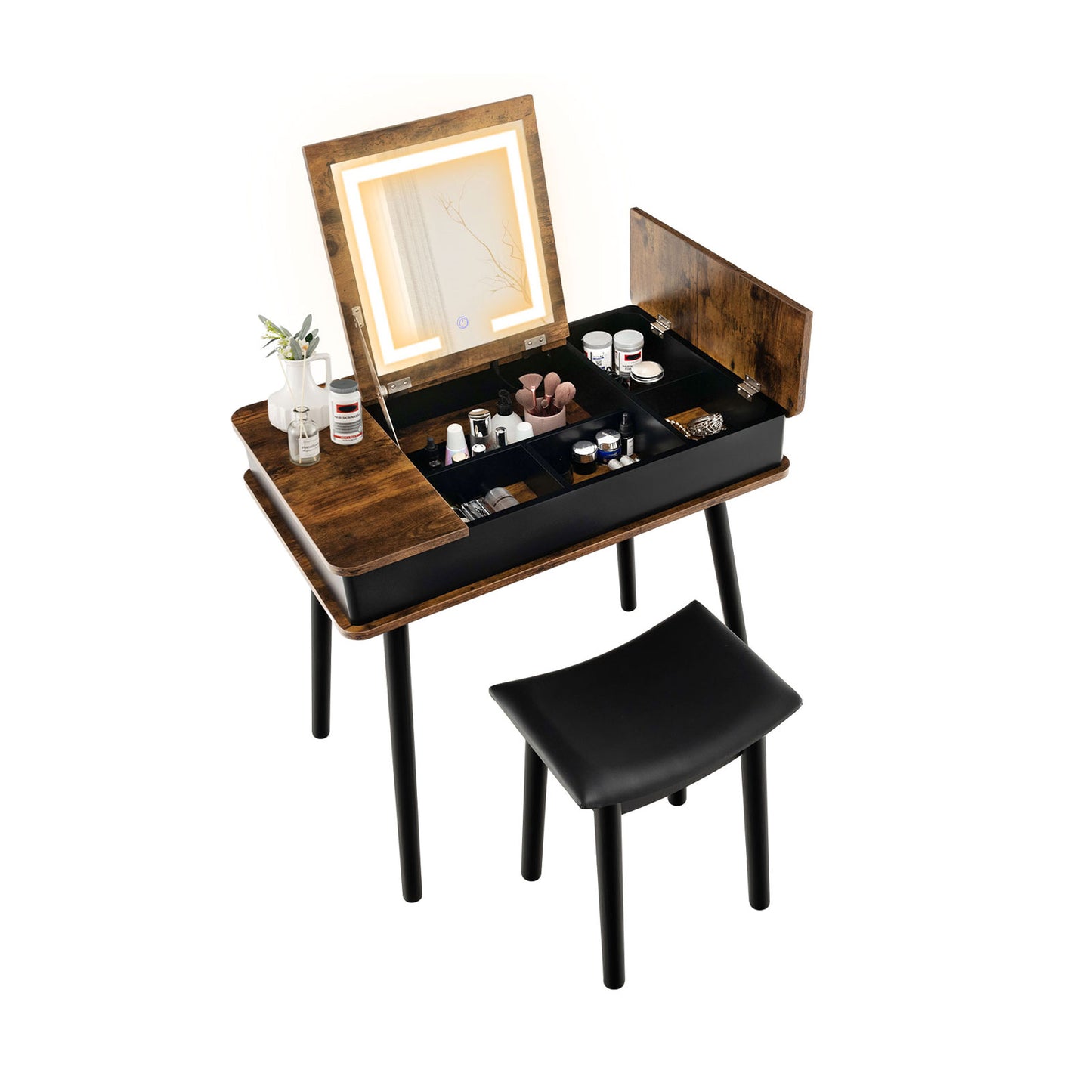 Rustic Flip-Top Vanity Set with LED Mirror, USB Port, Storage, and Stool
