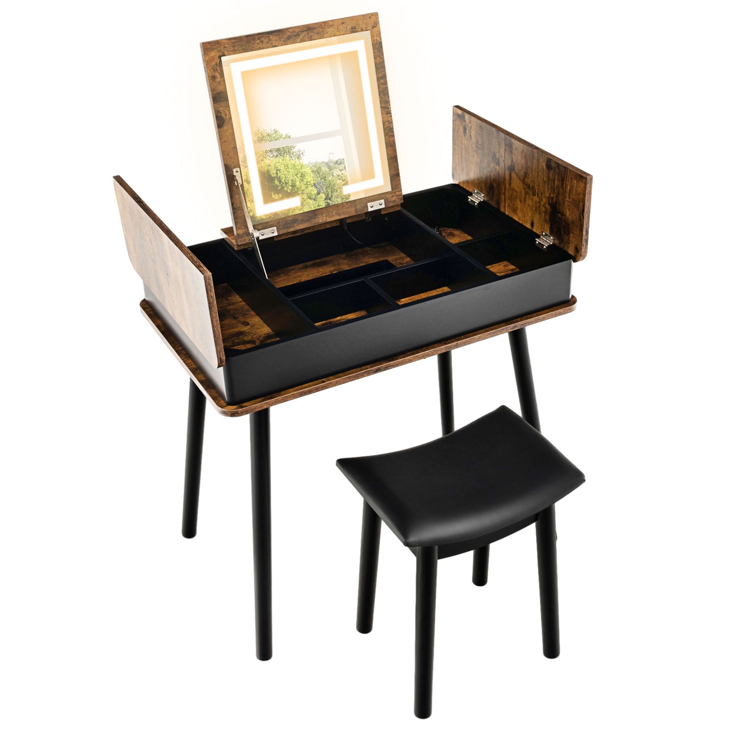 Rustic Flip-Top Vanity Set with LED Mirror, USB Port, Storage, and Stool