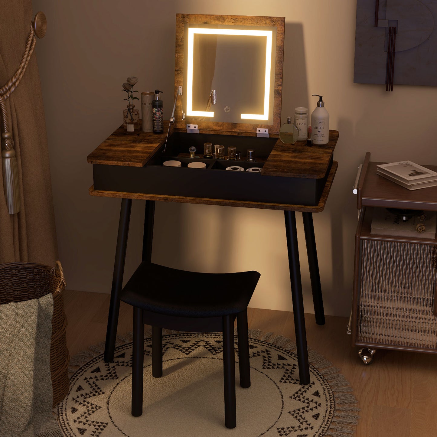Rustic Flip-Top Vanity Set with LED Mirror, USB Port, Storage, and Stool