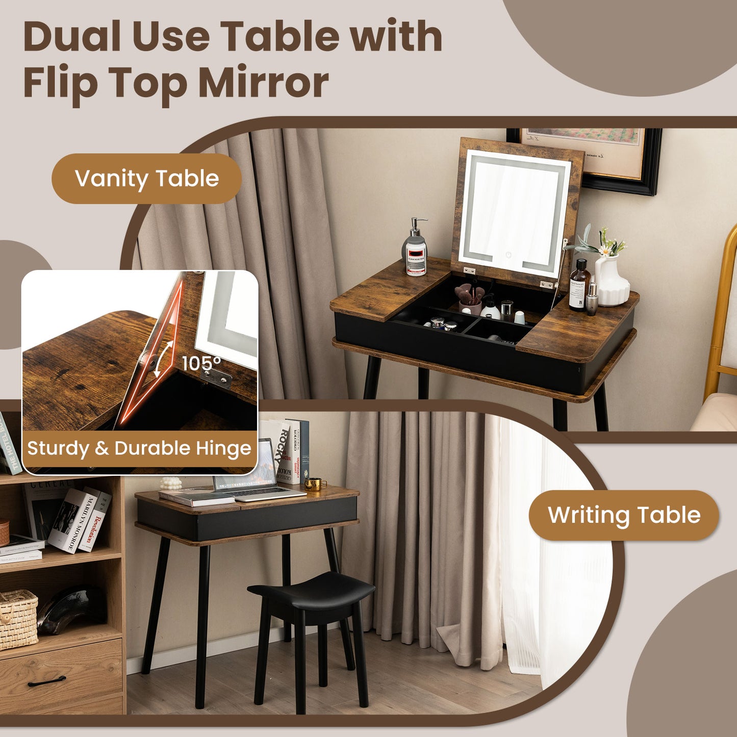 Rustic Flip-Top Vanity Set with LED Mirror, USB Port, Storage, and Stool