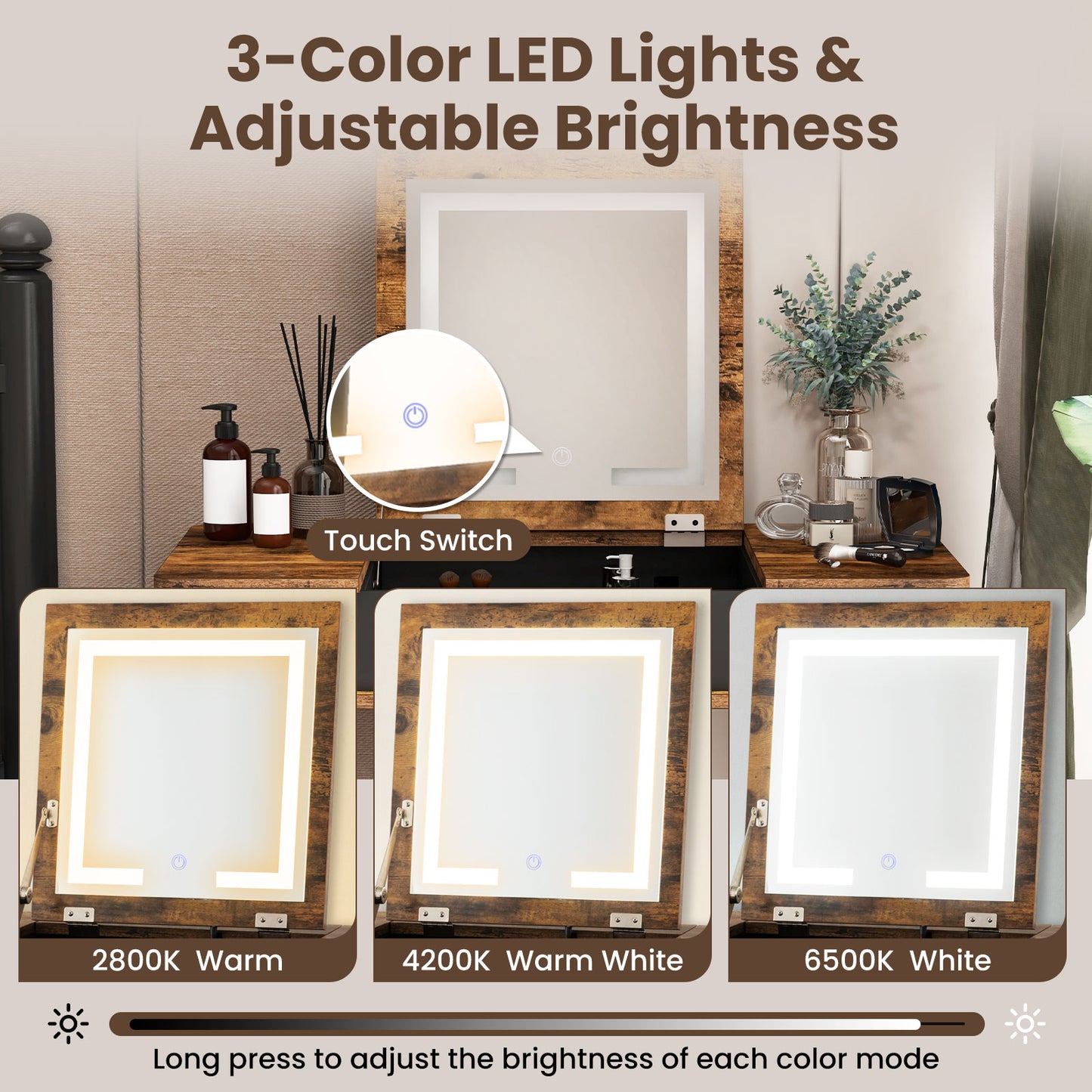 Rustic Flip-Top Vanity Set with LED Mirror, USB Port, Storage, and Stool
