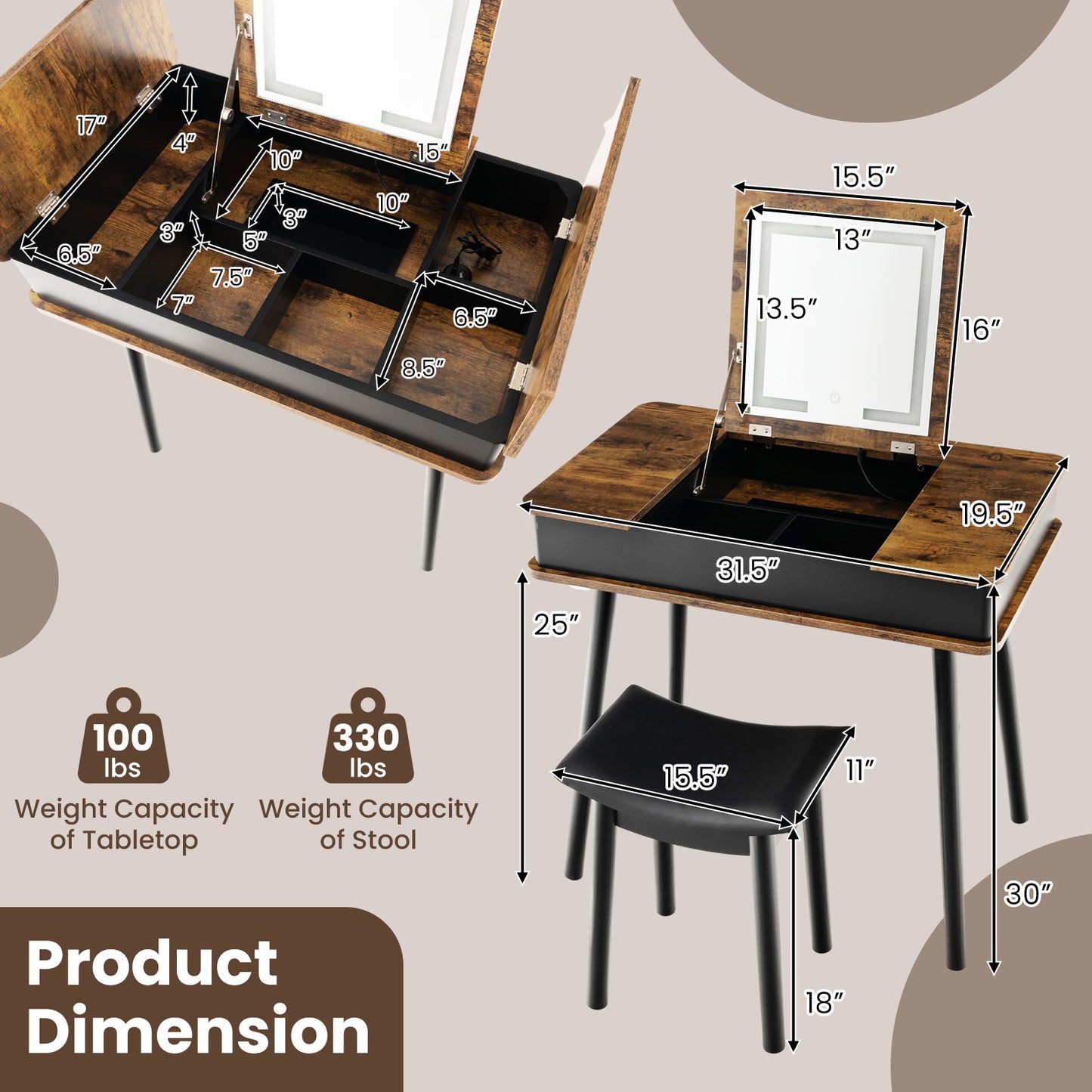 Rustic Flip-Top Vanity Set with LED Mirror, USB Port, Storage, and Stool