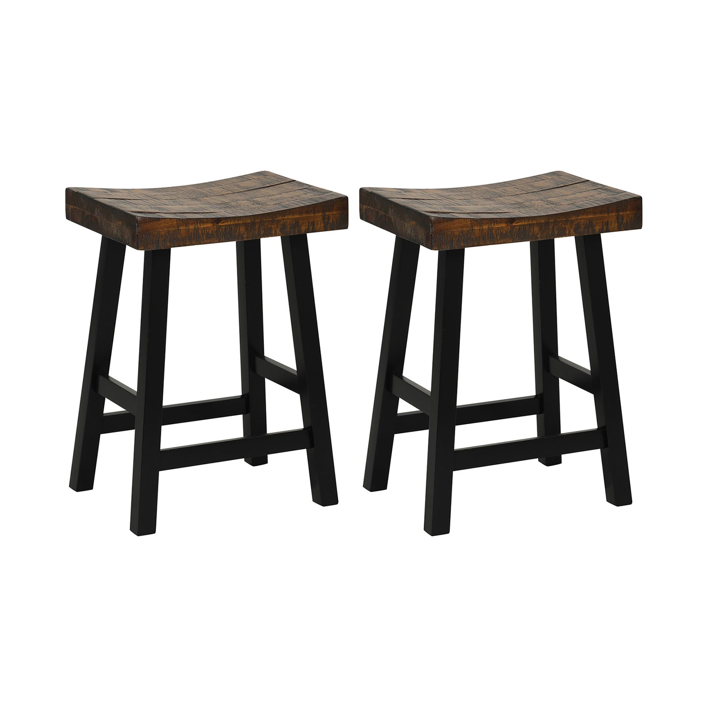 Pair of Solid Wood Saddle Bar Stools with Curved Seat and Footrests 24"