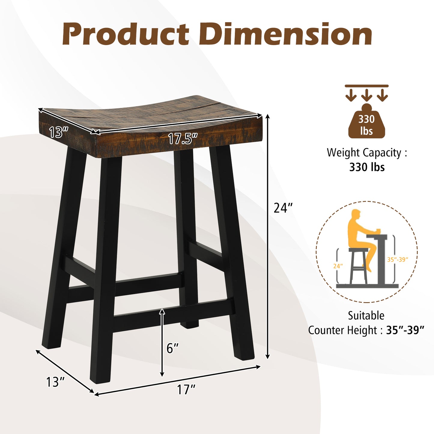 Pair of Solid Wood Saddle Bar Stools with Curved Seat and Footrests 24"