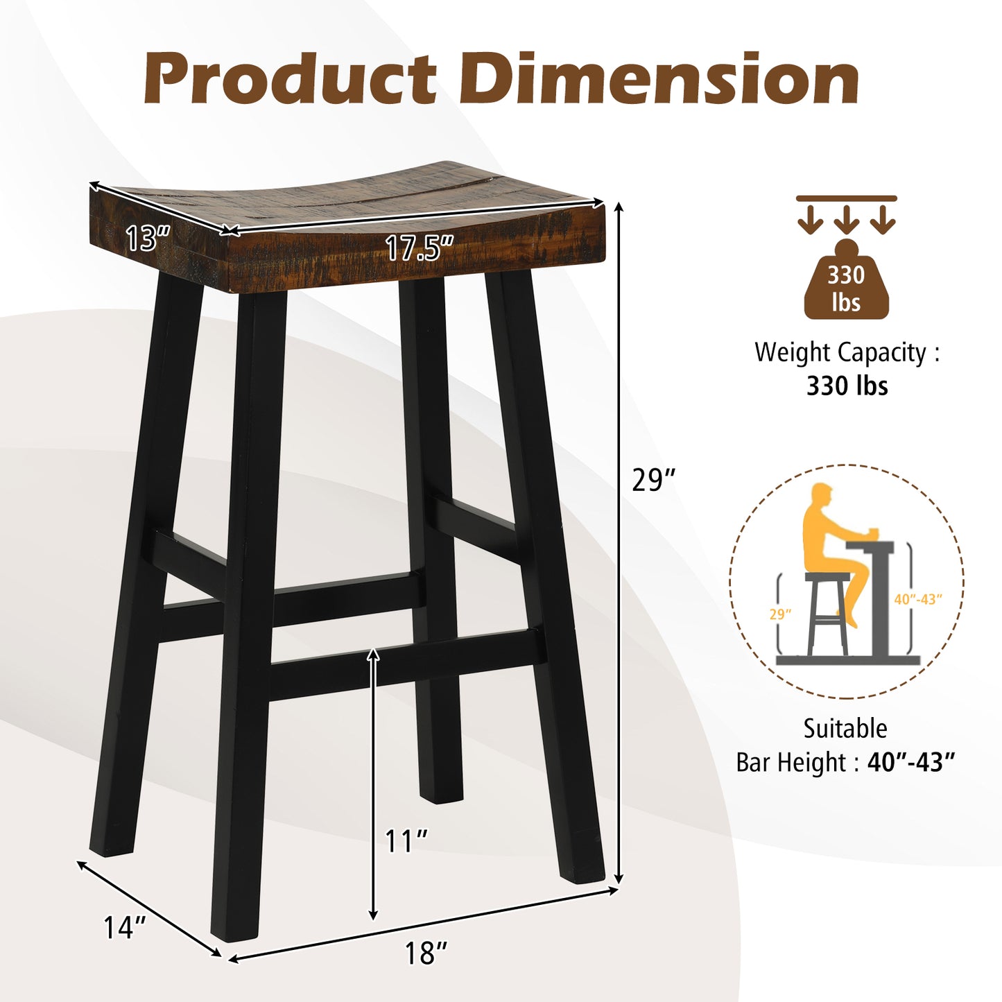 Pair of Solid Wood Saddle Bar Stools with Curved Seat and Footrests 29"
