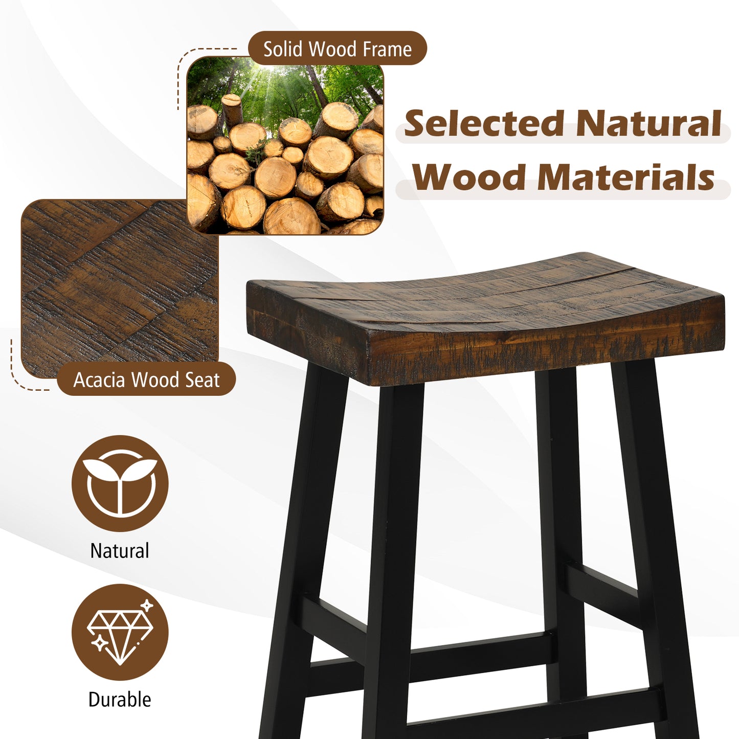 Pair of Solid Wood Saddle Bar Stools with Curved Seat and Footrests 29"