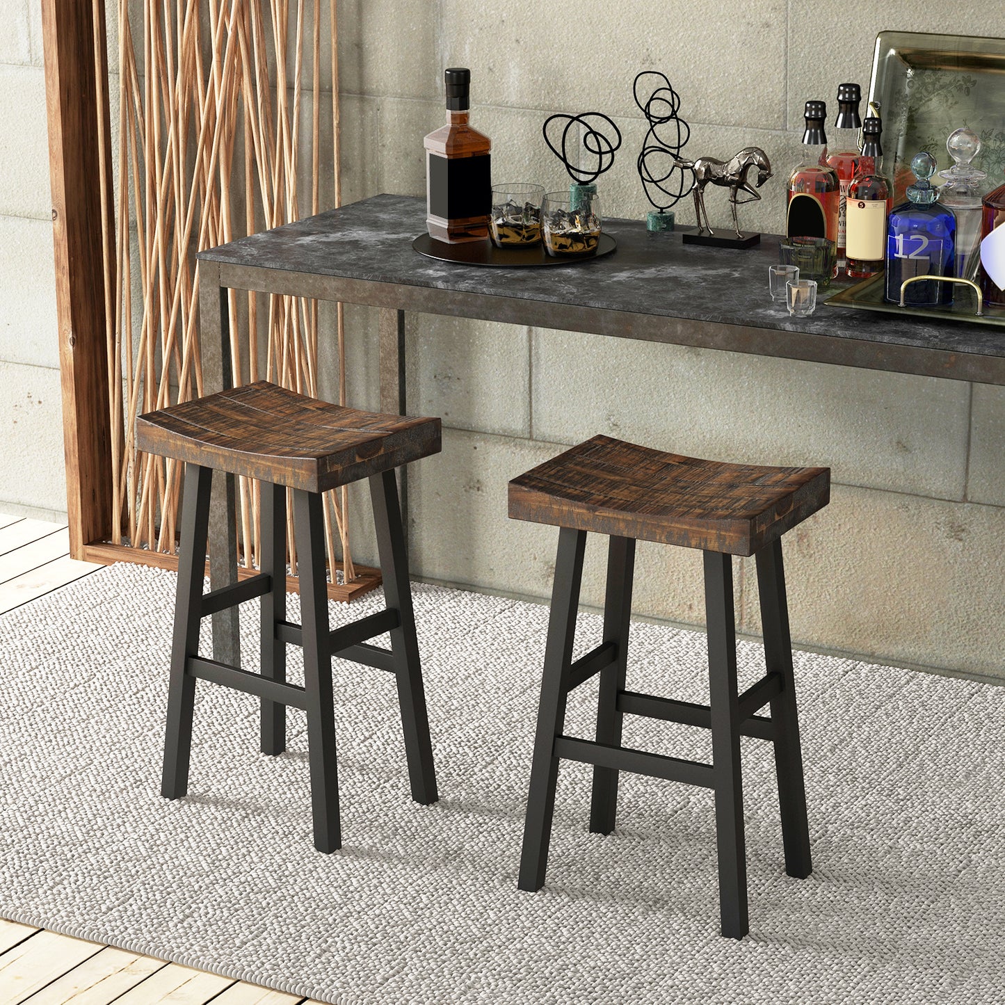 Pair of Solid Wood Saddle Bar Stools with Curved Seat and Footrests 29"