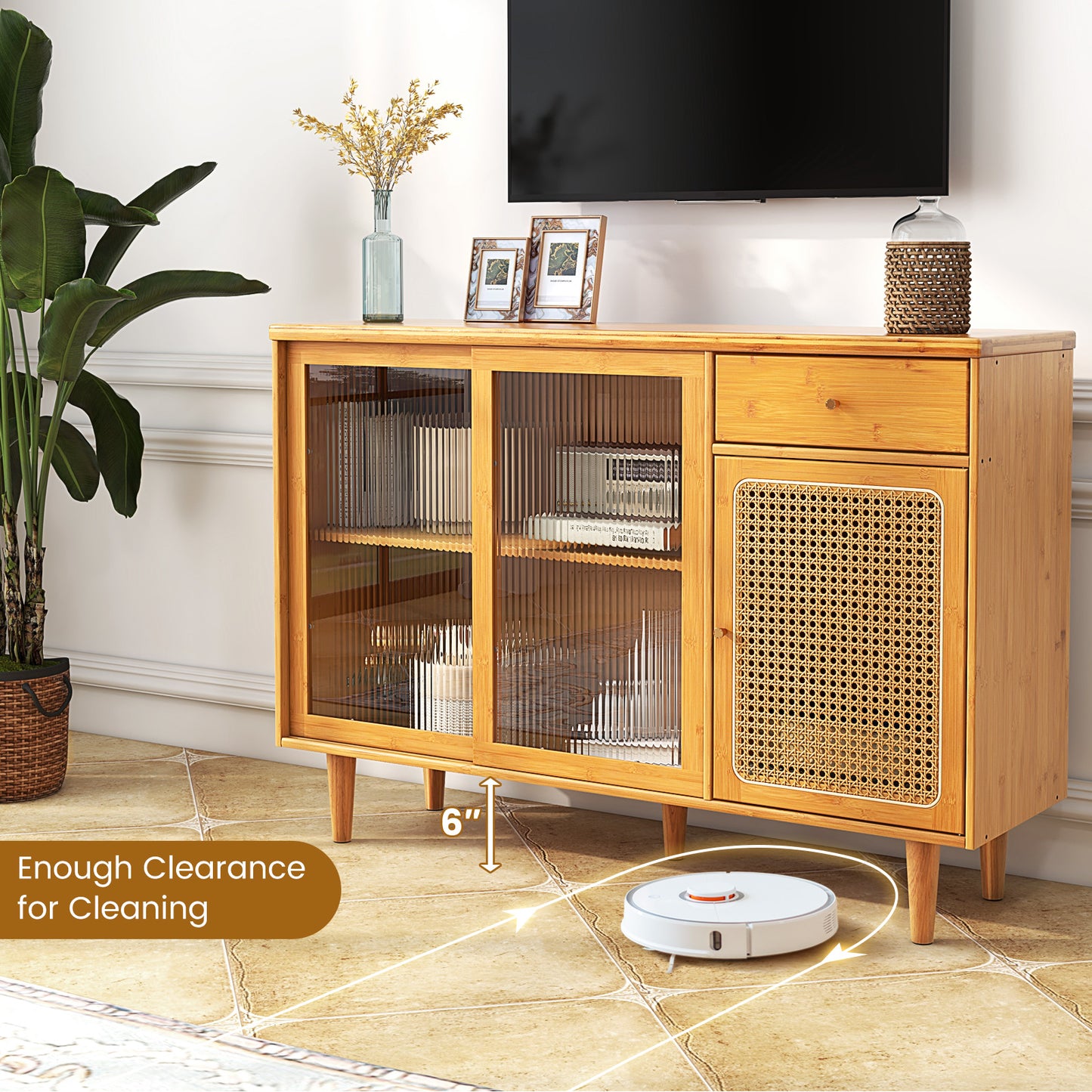 Contemporary Bamboo Buffet Sideboard with Sliding Tempered Glass Doors and Rattan Accents
