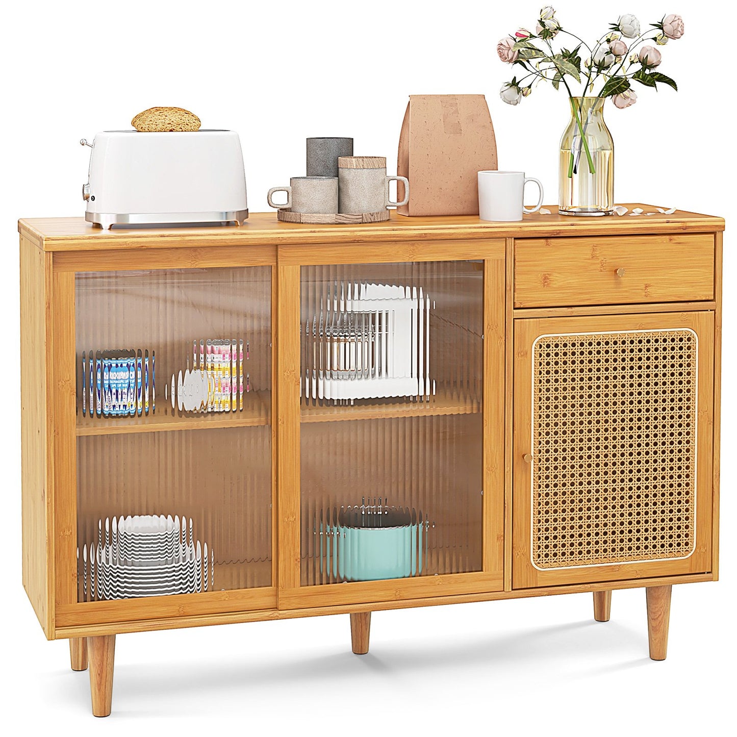 Contemporary Bamboo Buffet Sideboard with Sliding Tempered Glass Doors and Rattan Accents