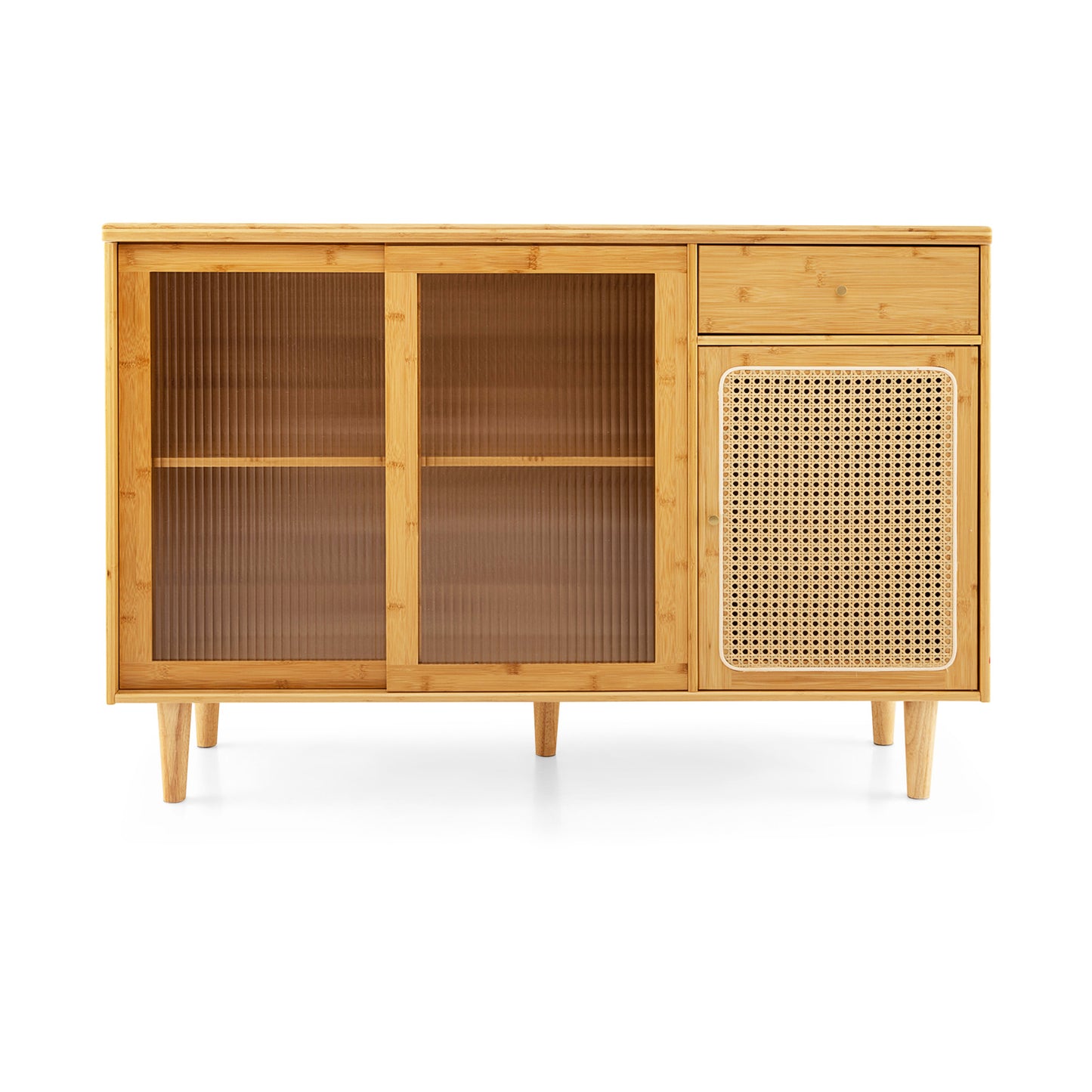 Contemporary Bamboo Buffet Sideboard with Sliding Tempered Glass Doors and Rattan Accents