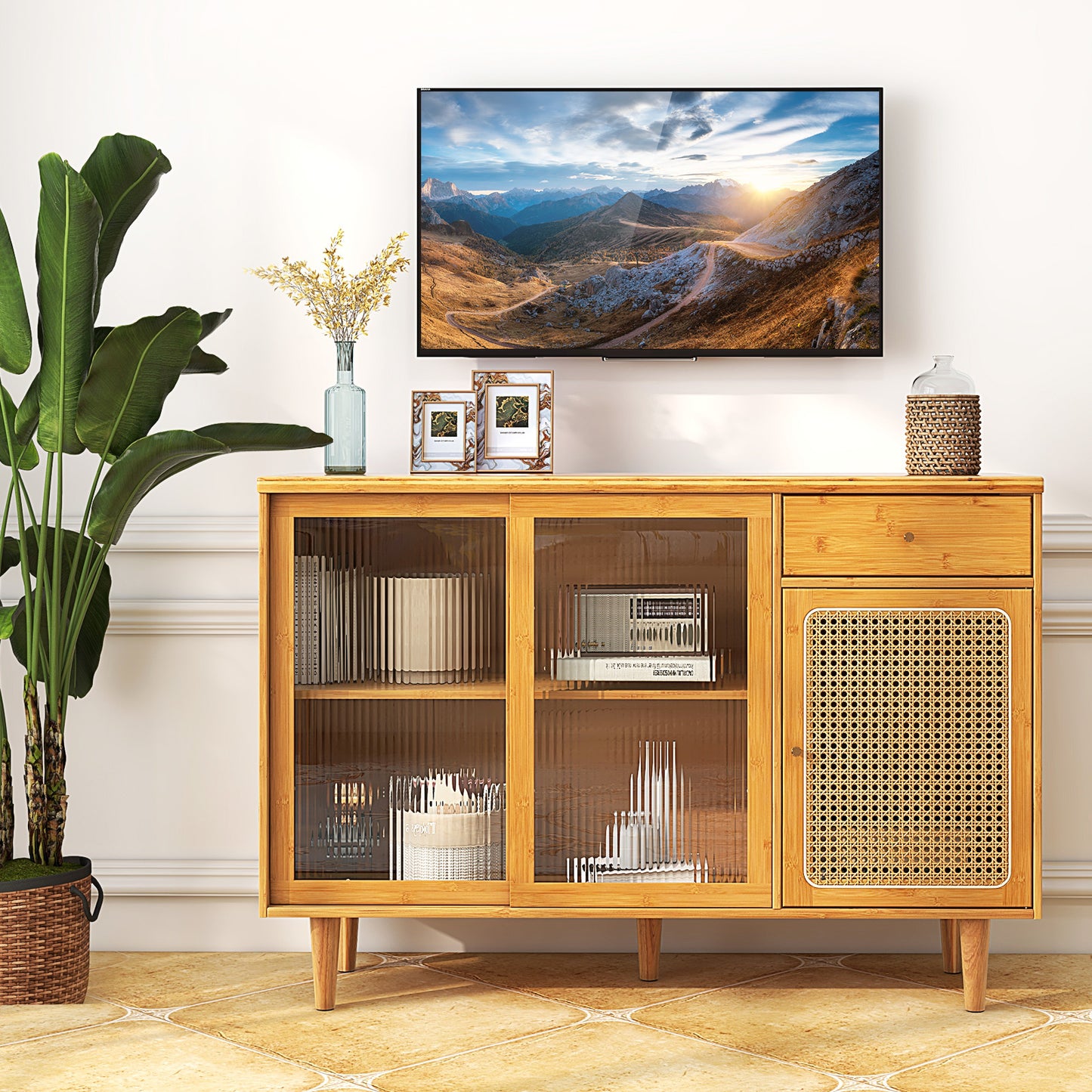 Contemporary Bamboo Buffet Sideboard with Sliding Tempered Glass Doors and Rattan Accents