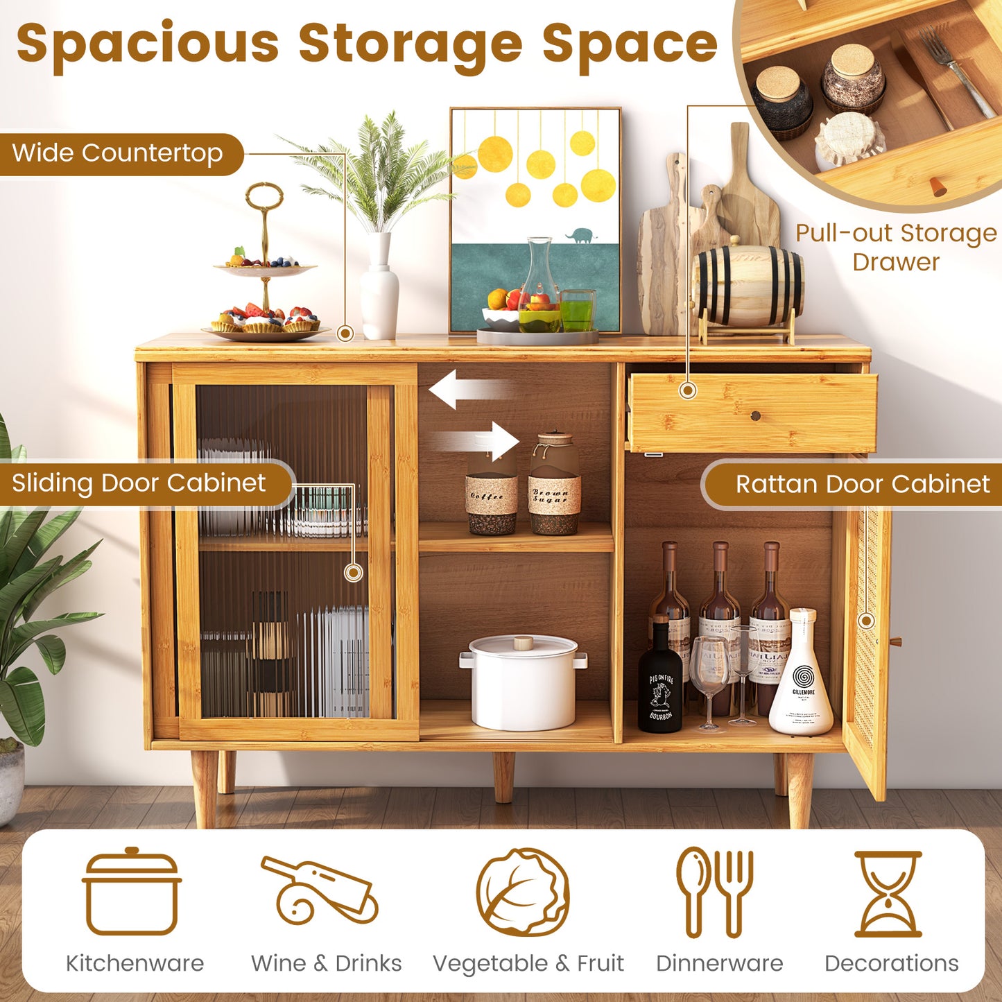 Contemporary Bamboo Buffet Sideboard with Sliding Tempered Glass Doors and Rattan Accents