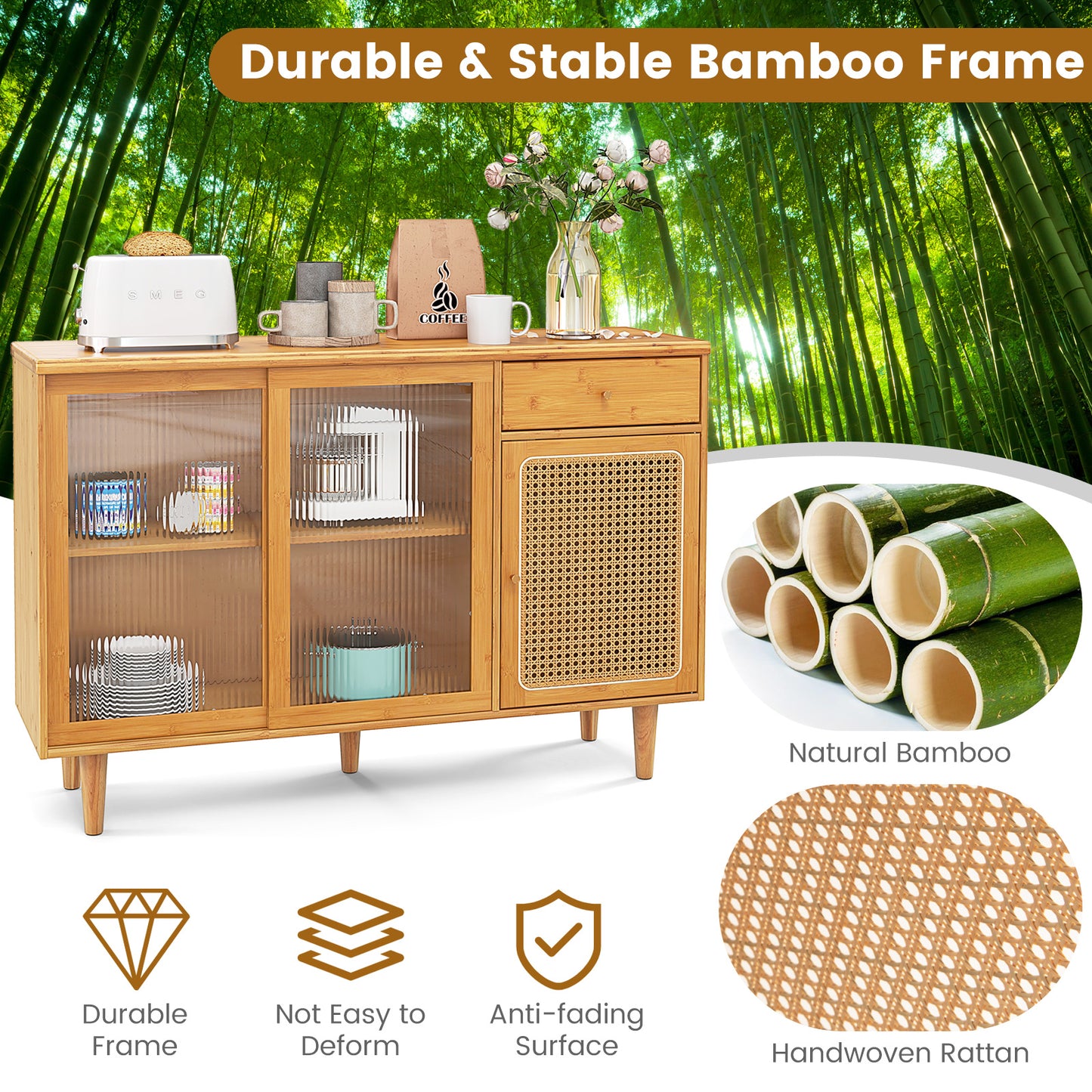 Contemporary Bamboo Buffet Sideboard with Sliding Tempered Glass Doors and Rattan Accents