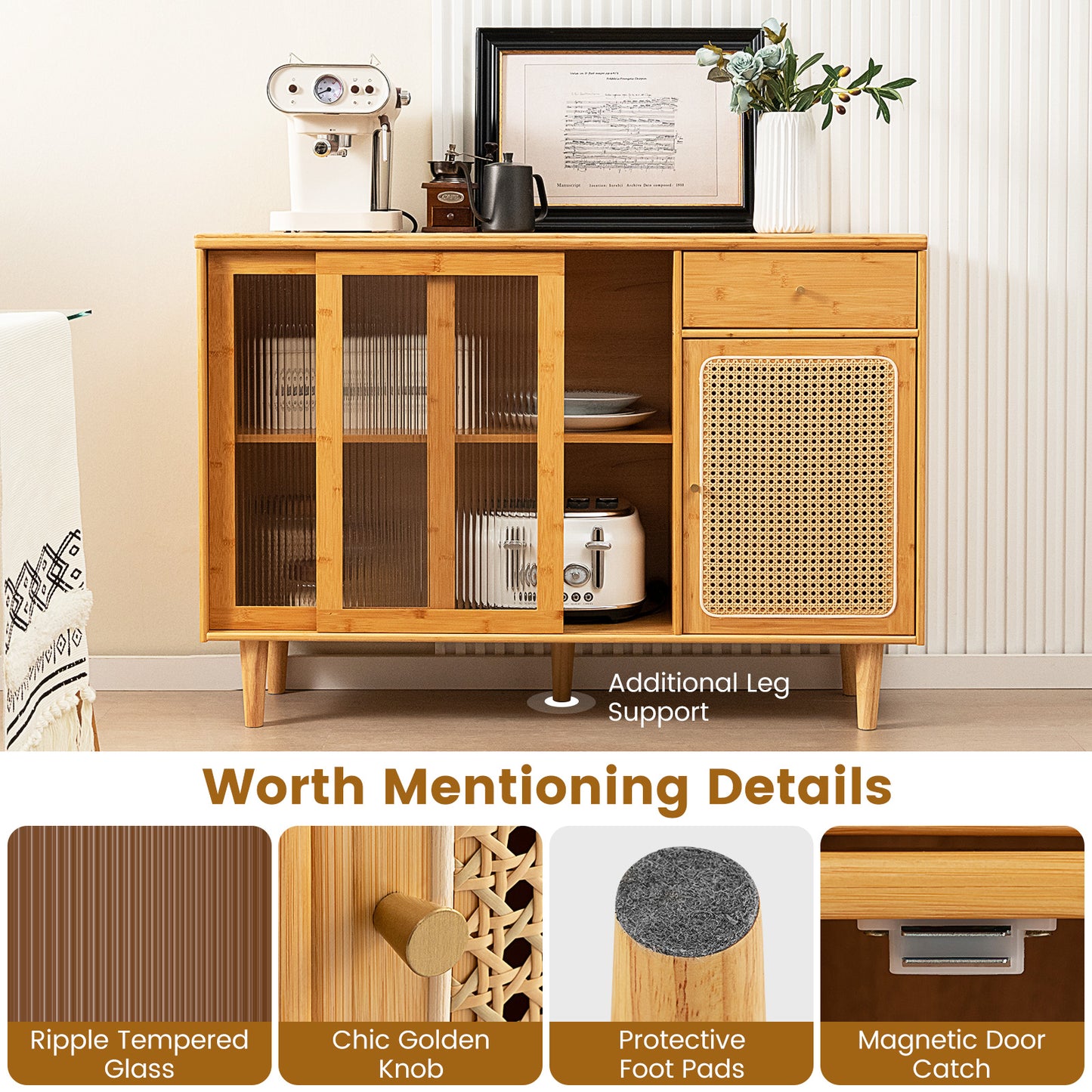 Contemporary Bamboo Buffet Sideboard with Sliding Tempered Glass Doors and Rattan Accents