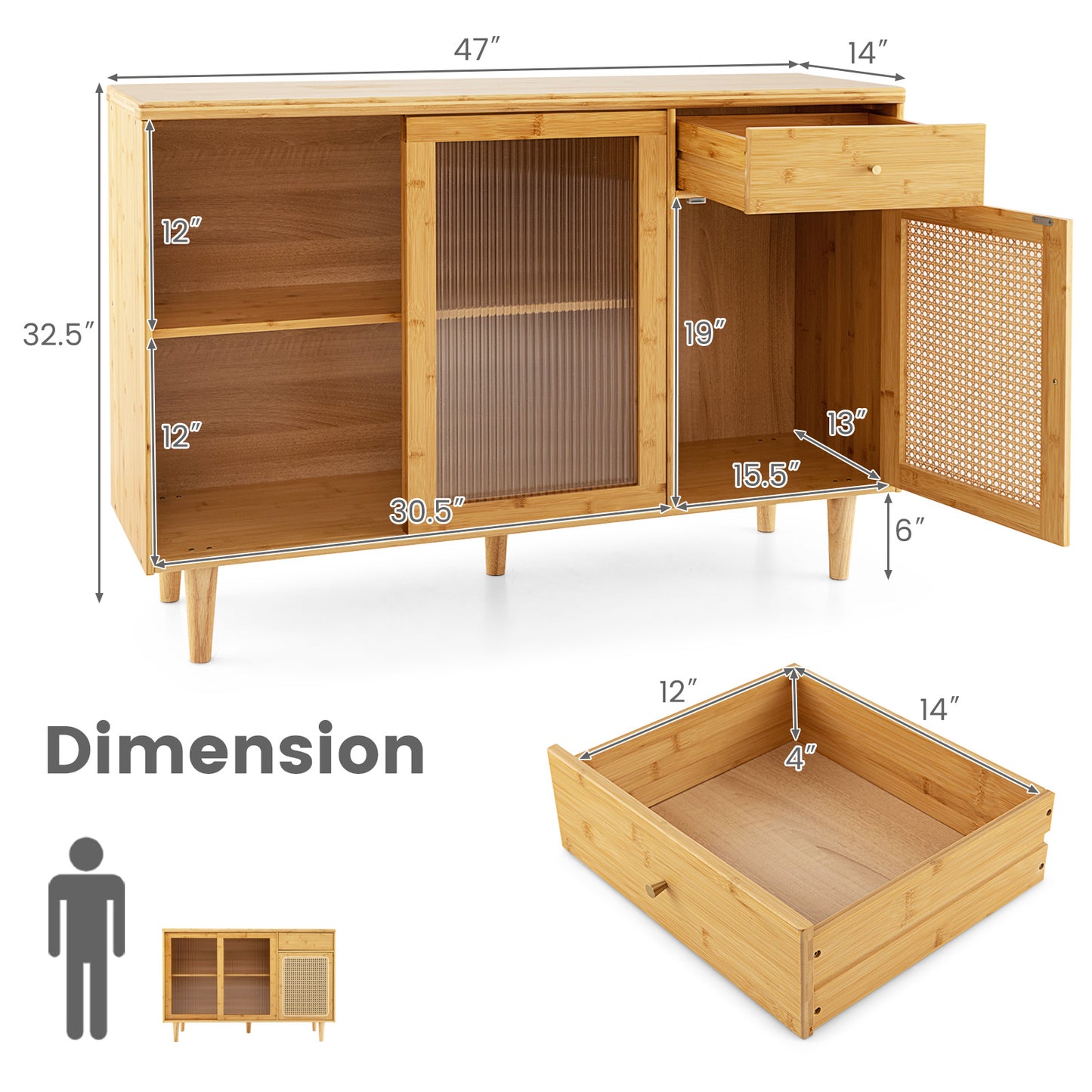 Contemporary Bamboo Buffet Sideboard with Sliding Tempered Glass Doors and Rattan Accents