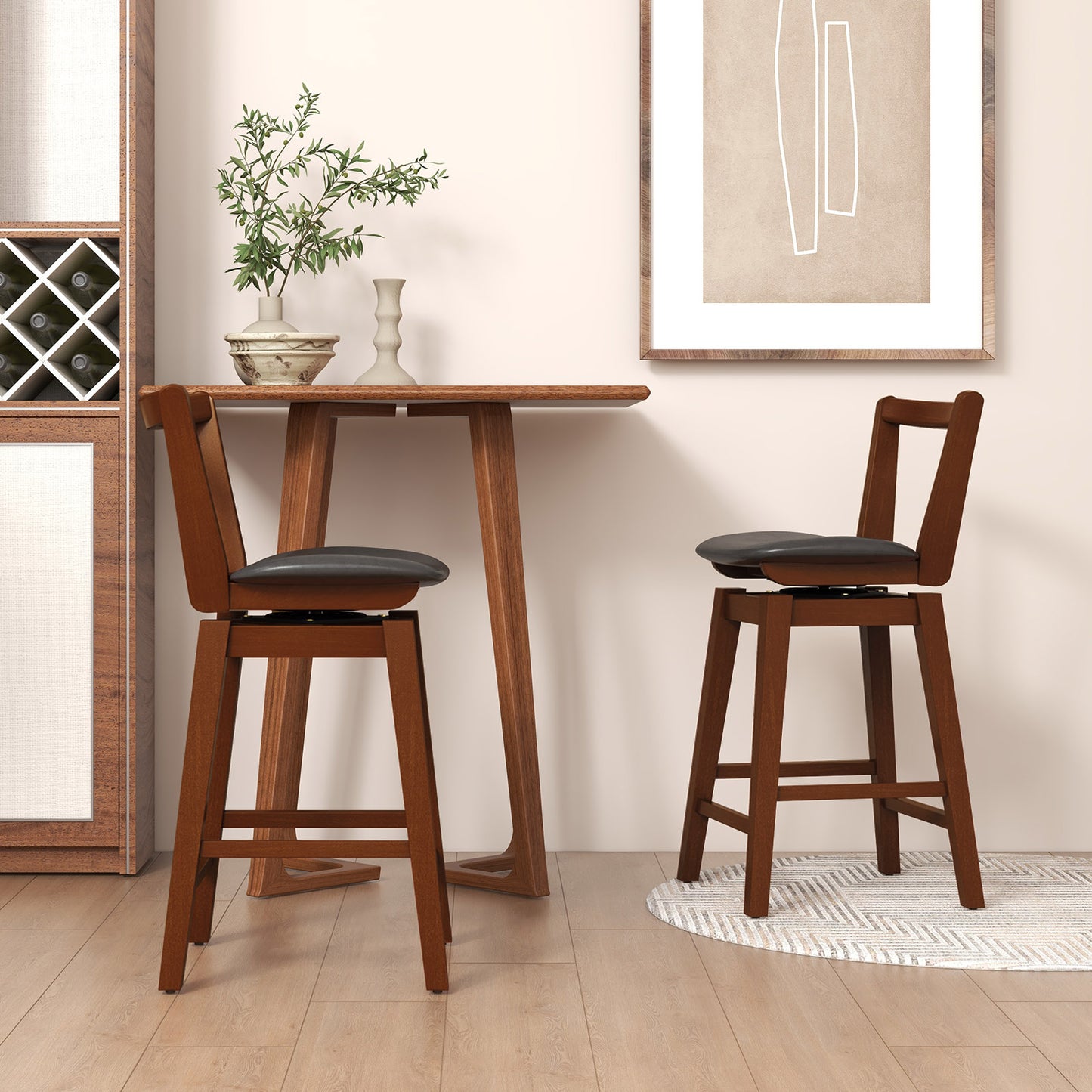 360° Swivel Upholstered Bar Stool with PU Leather Backrest and Cushioned Seat 26"