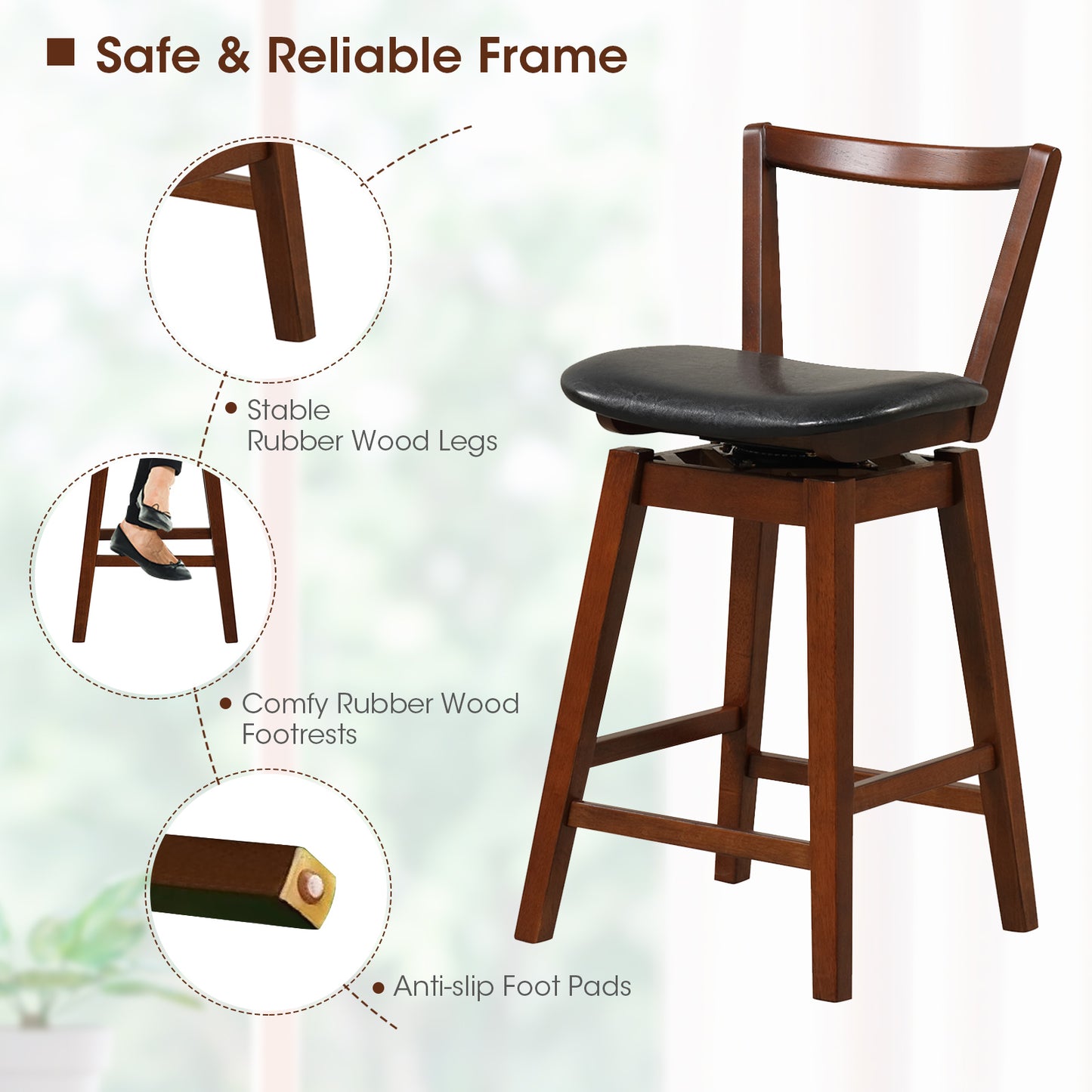 360° Swivel Upholstered Bar Stool with PU Leather Backrest and Cushioned Seat 26"