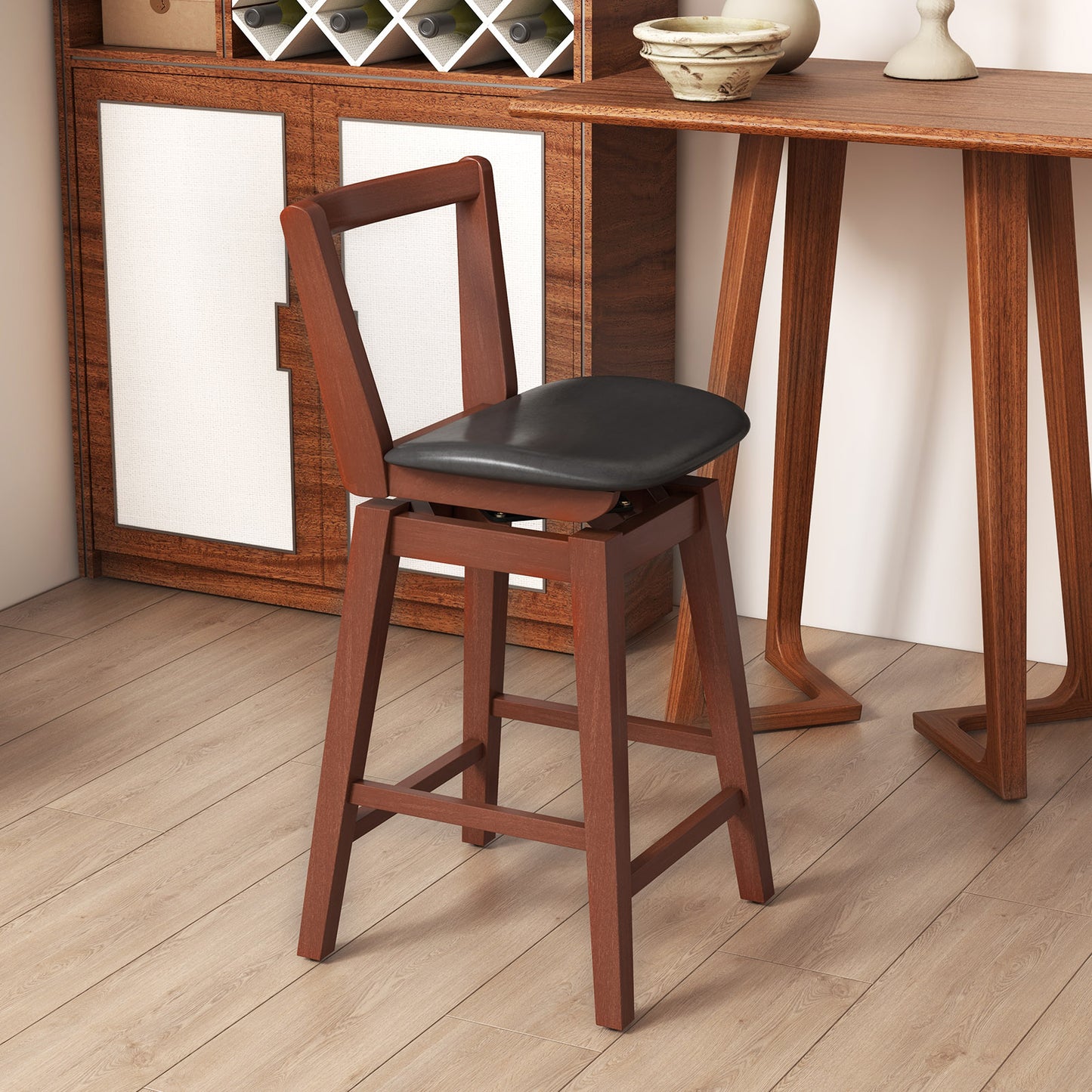 360° Swivel Upholstered Bar Stool with PU Leather Backrest and Cushioned Seat 26"