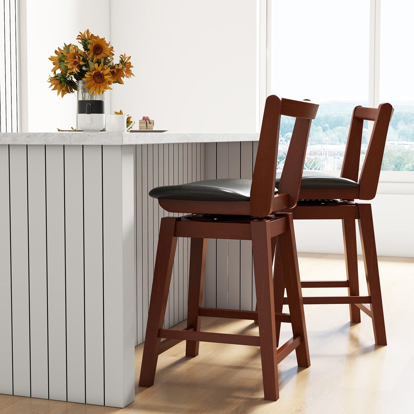 360° Swivel Upholstered Bar Stool with PU Leather Backrest and Cushioned Seat 26"