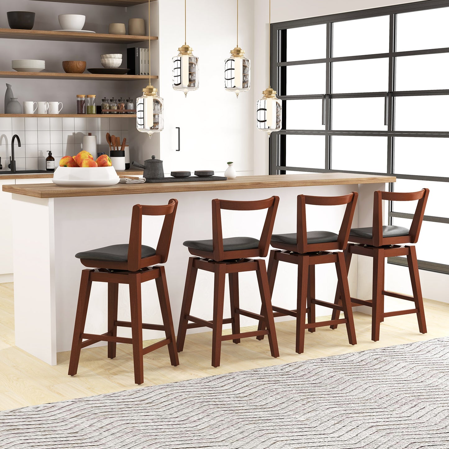 360° Swivel Upholstered Bar Stool with PU Leather Backrest and Cushioned Seat 26"