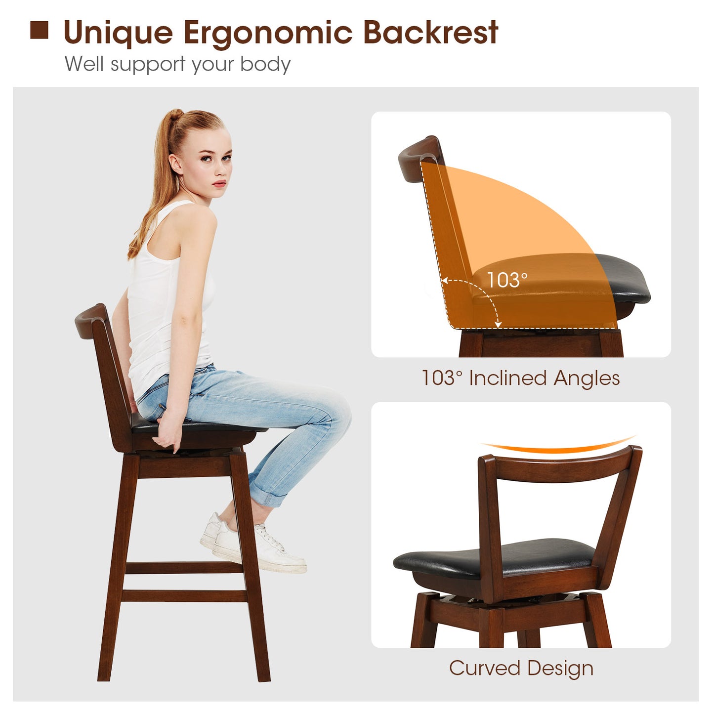 360° Swivel Upholstered Bar Stool with PU Leather Backrest and Cushioned Seat 26"