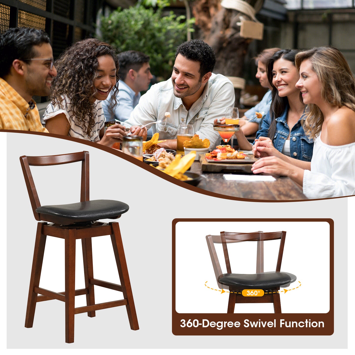 360° Swivel Upholstered Bar Stool with PU Leather Backrest and Cushioned Seat 26"