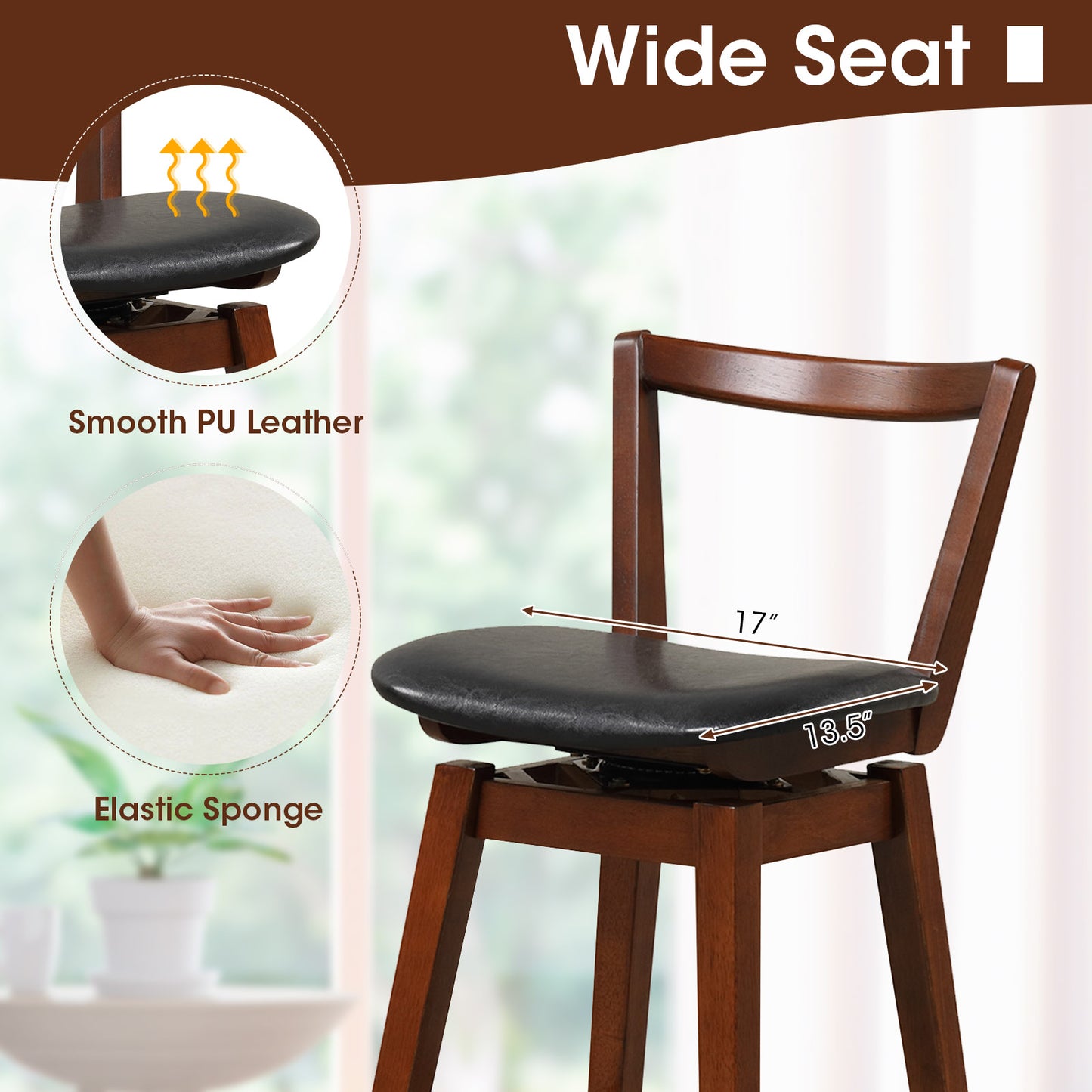 360° Swivel Upholstered Bar Stool with PU Leather Backrest and Cushioned Seat 26"