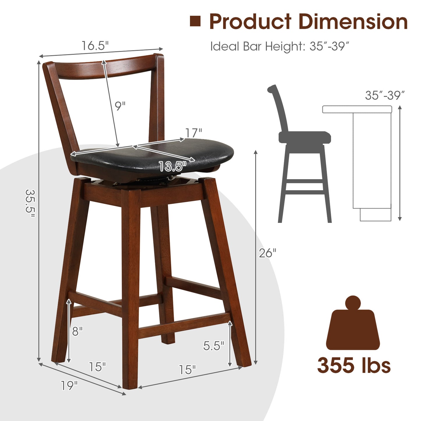360° Swivel Upholstered Bar Stool with PU Leather Backrest and Cushioned Seat 26"