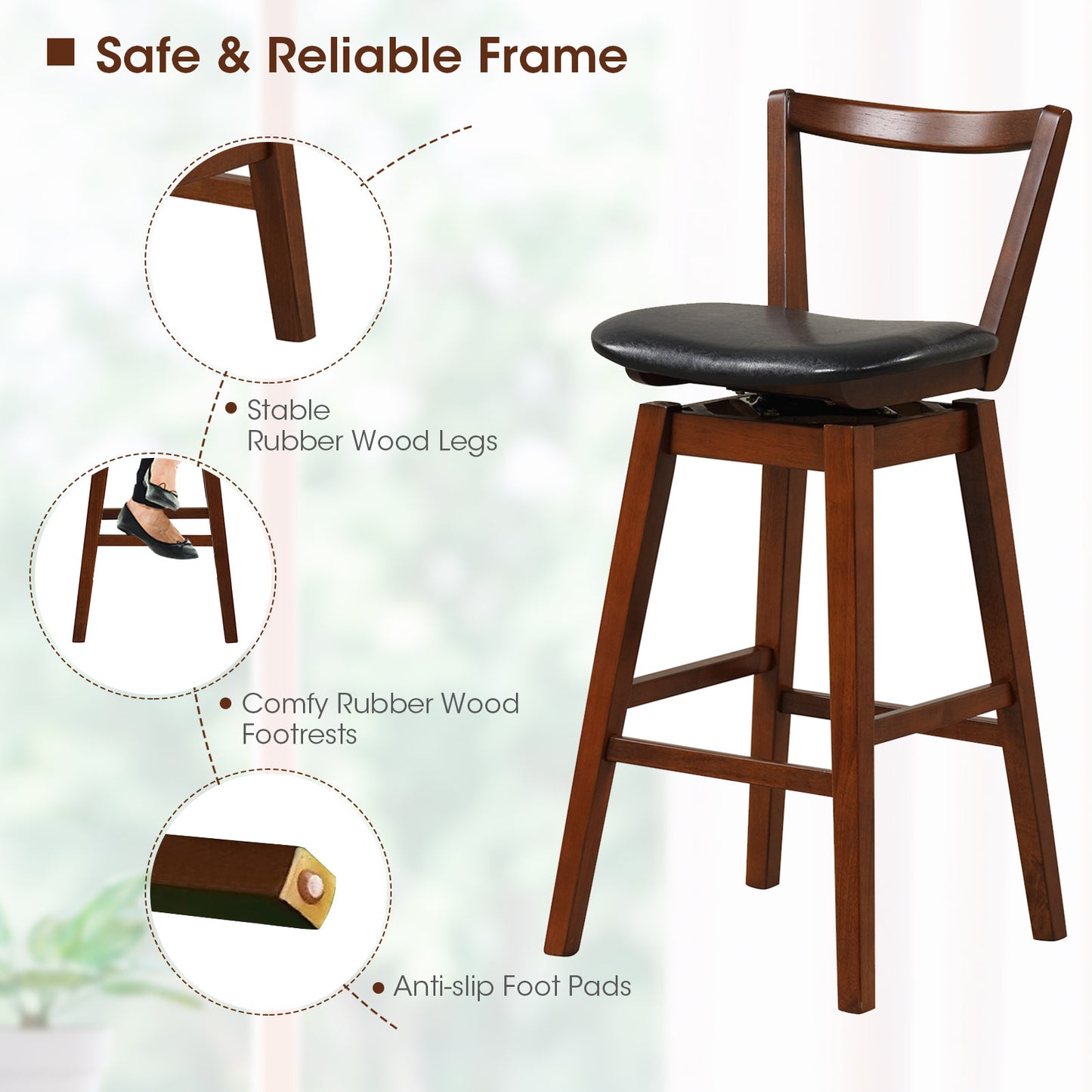 360° Swivel Upholstered Bar Stool with PU Leather Backrest and Cushioned Seat 30.5"
