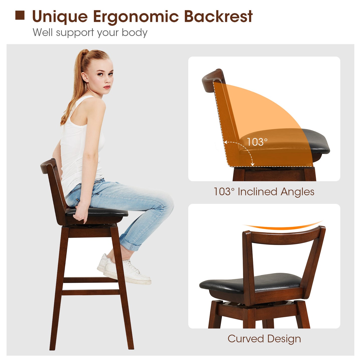360° Swivel Upholstered Bar Stool with PU Leather Backrest and Cushioned Seat 30.5"