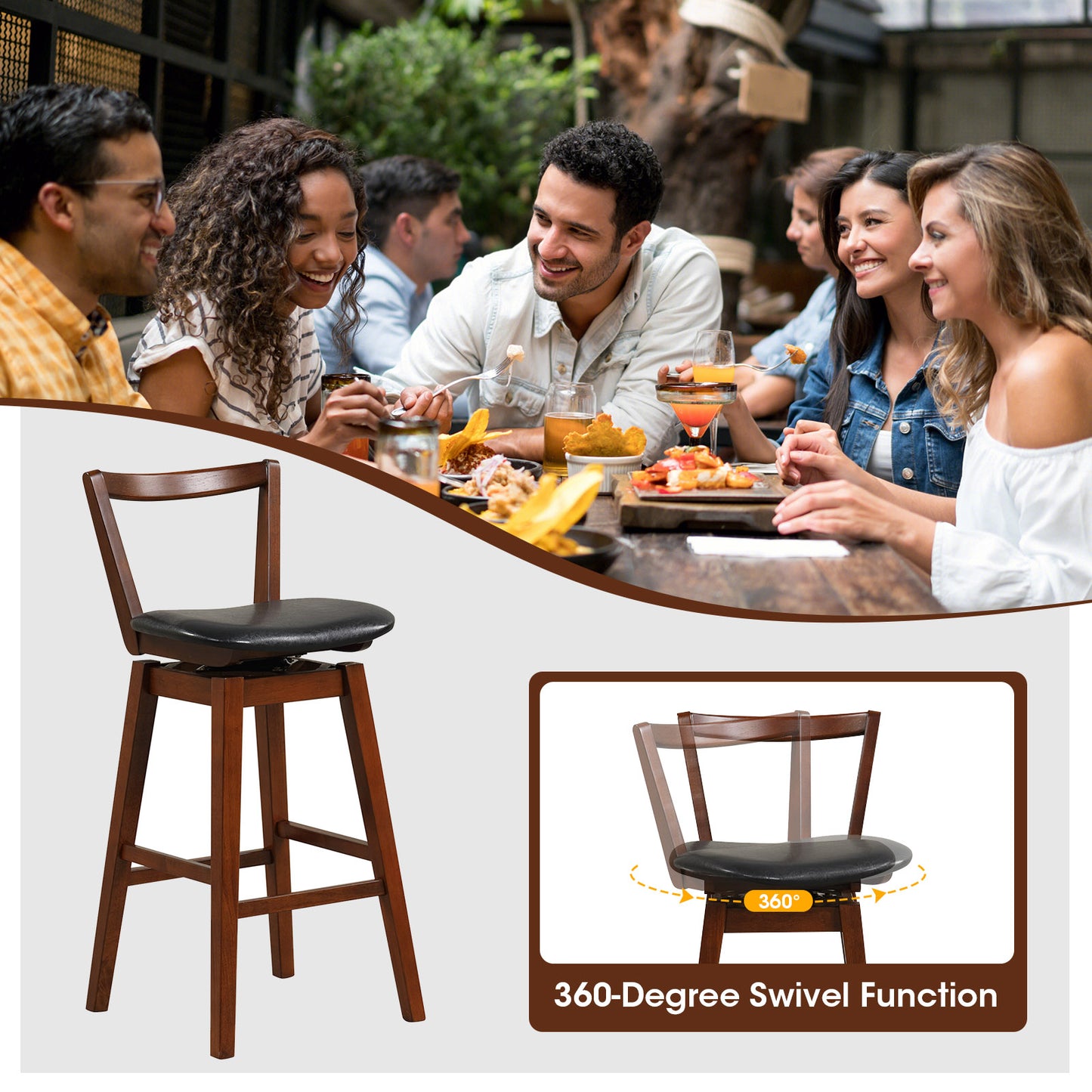360° Swivel Upholstered Bar Stool with PU Leather Backrest and Cushioned Seat 30.5"