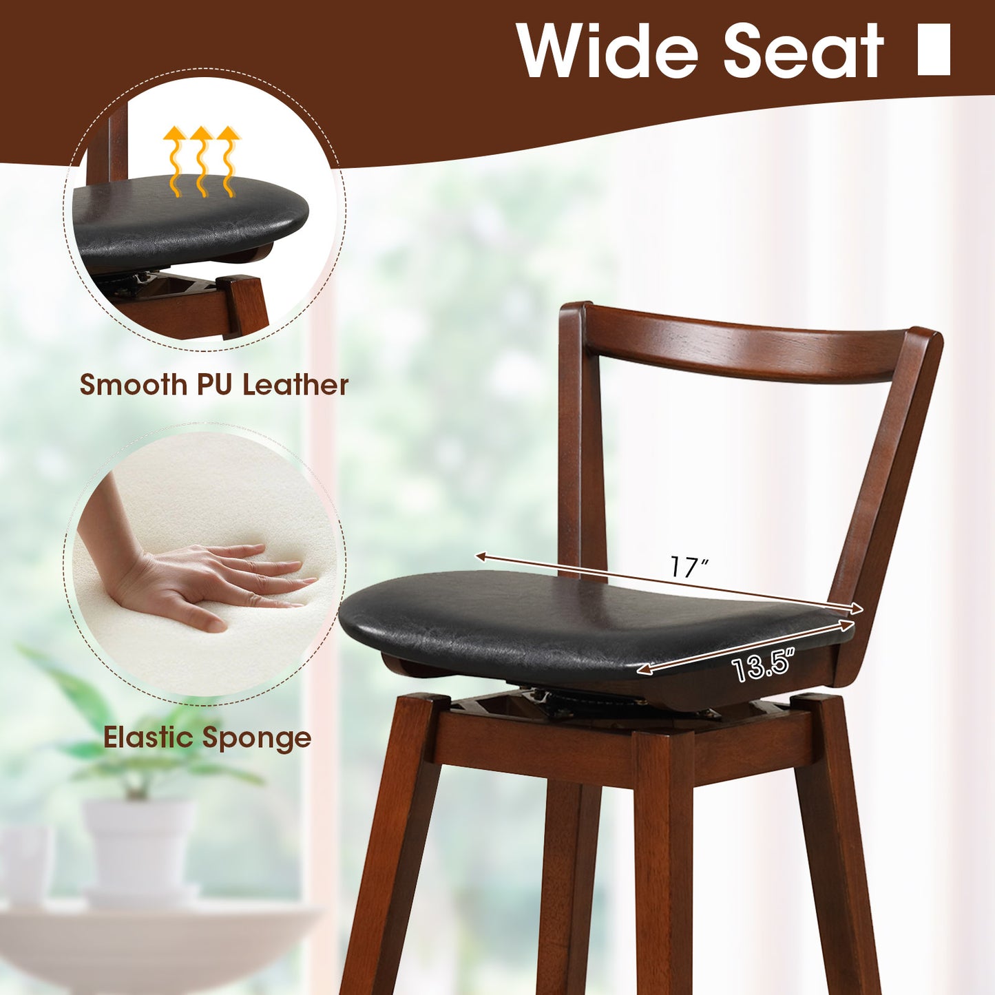 360° Swivel Upholstered Bar Stool with PU Leather Backrest and Cushioned Seat 30.5"