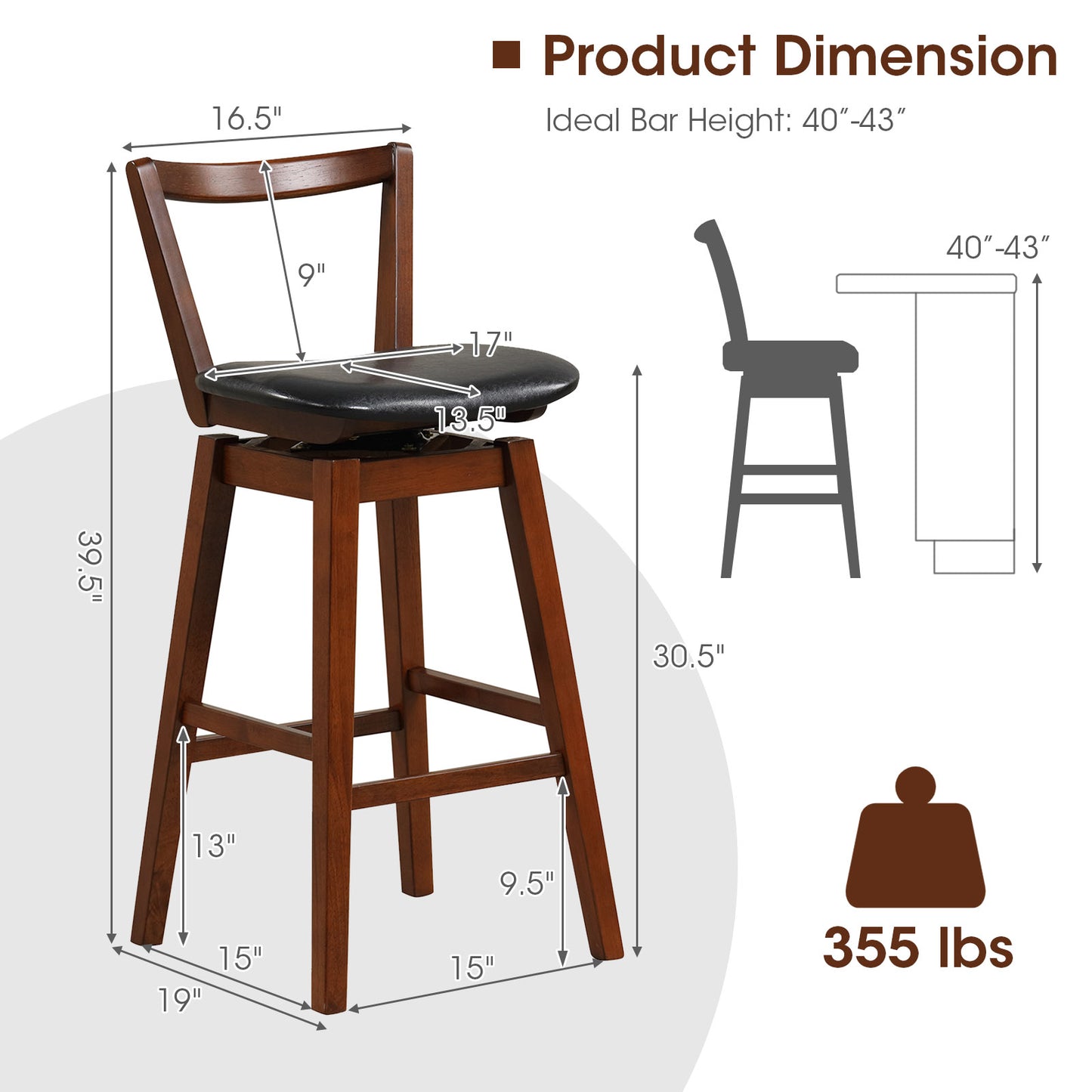 360° Swivel Upholstered Bar Stool with PU Leather Backrest and Cushioned Seat 30.5"