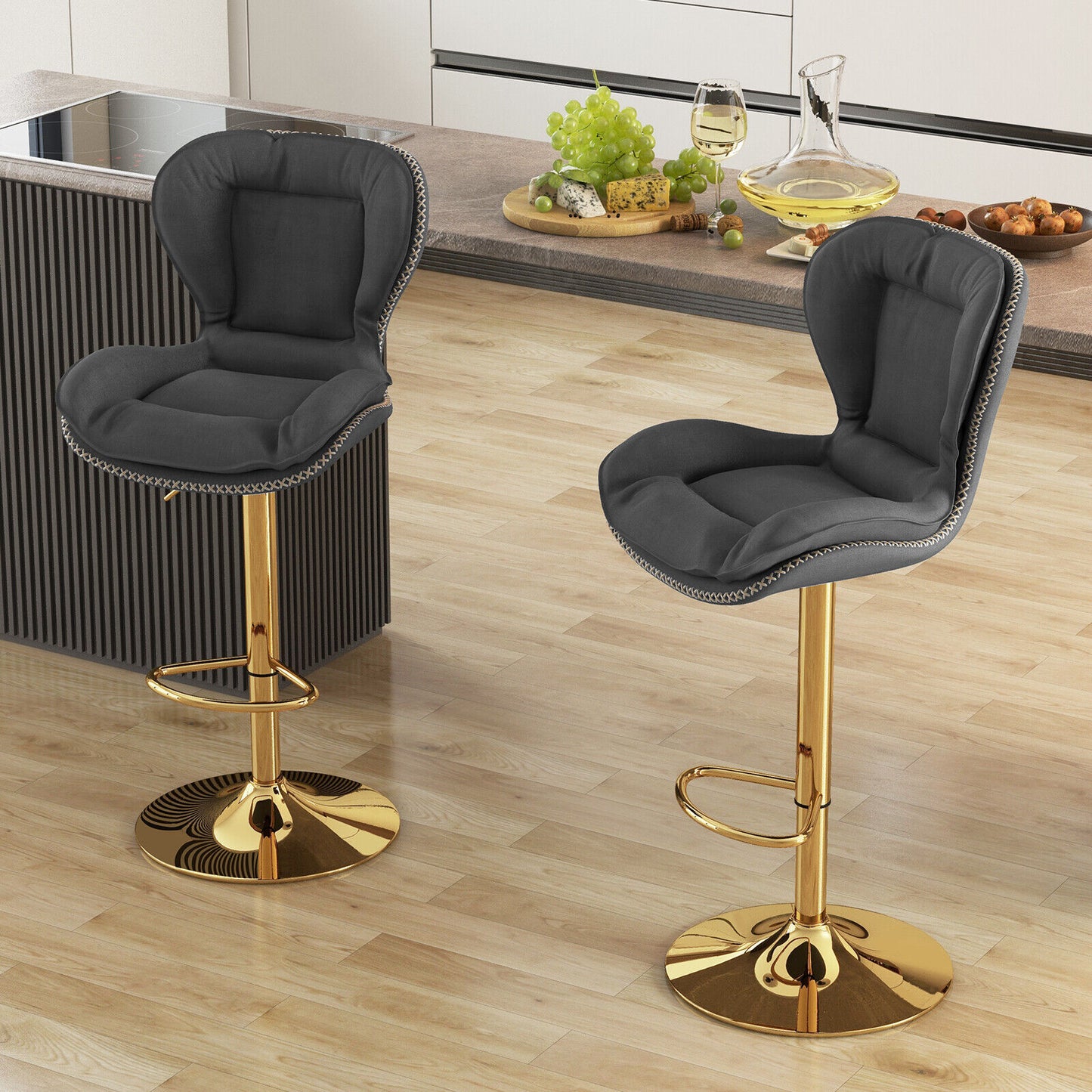 Set of 2 Stylish Swivel Bar Chairs with PU Leather Cushions Curved Support and Footrest