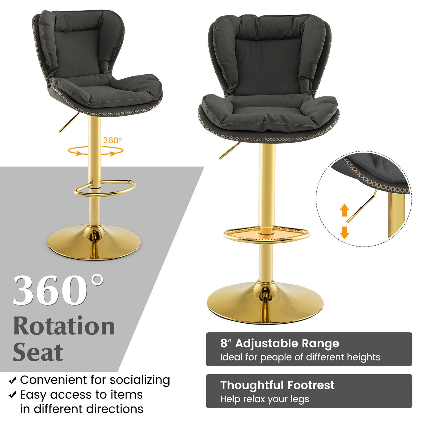 Set of 2 Stylish Swivel Bar Chairs with PU Leather Cushions Curved Support and Footrest