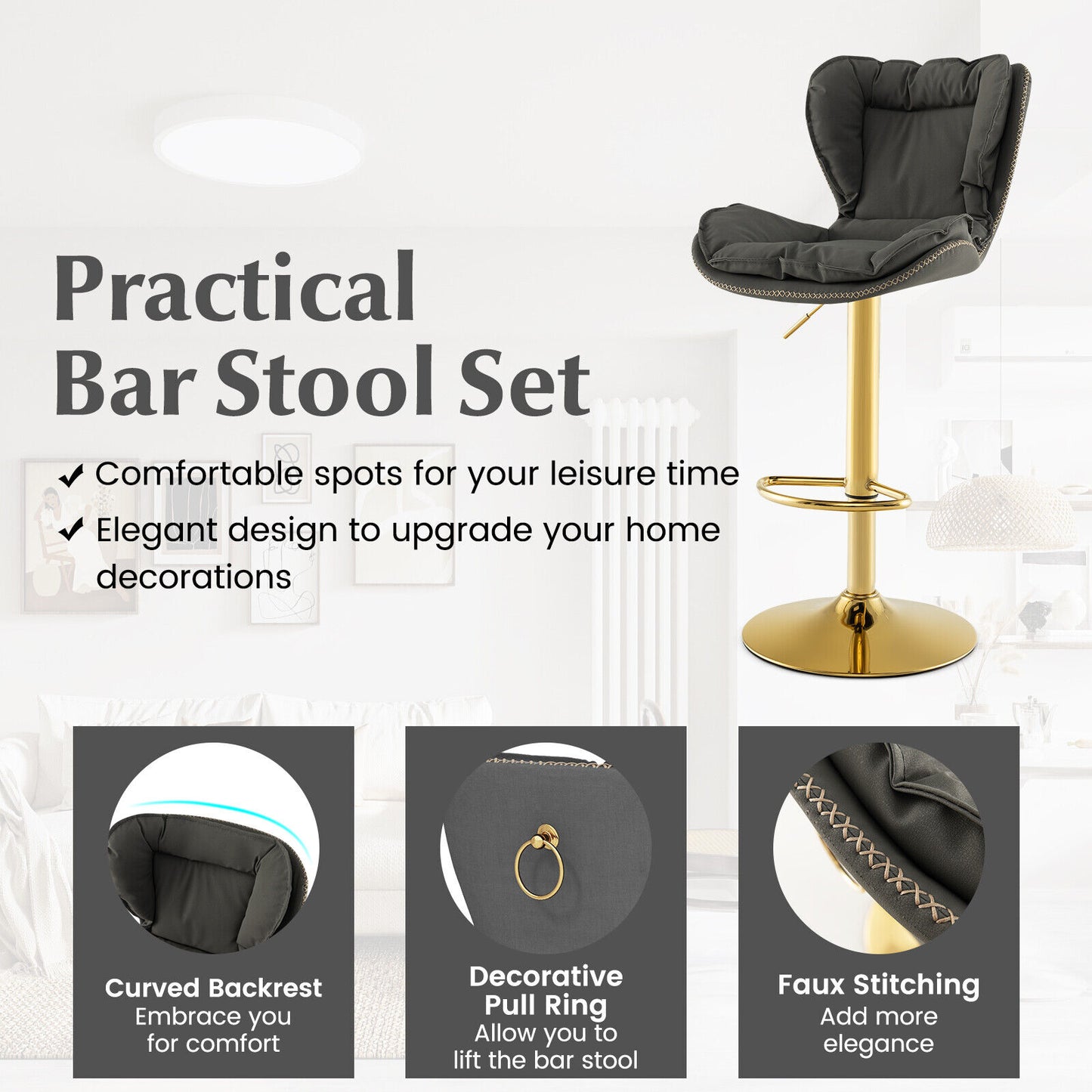 Set of 2 Stylish Swivel Bar Chairs with PU Leather Cushions Curved Support and Footrest