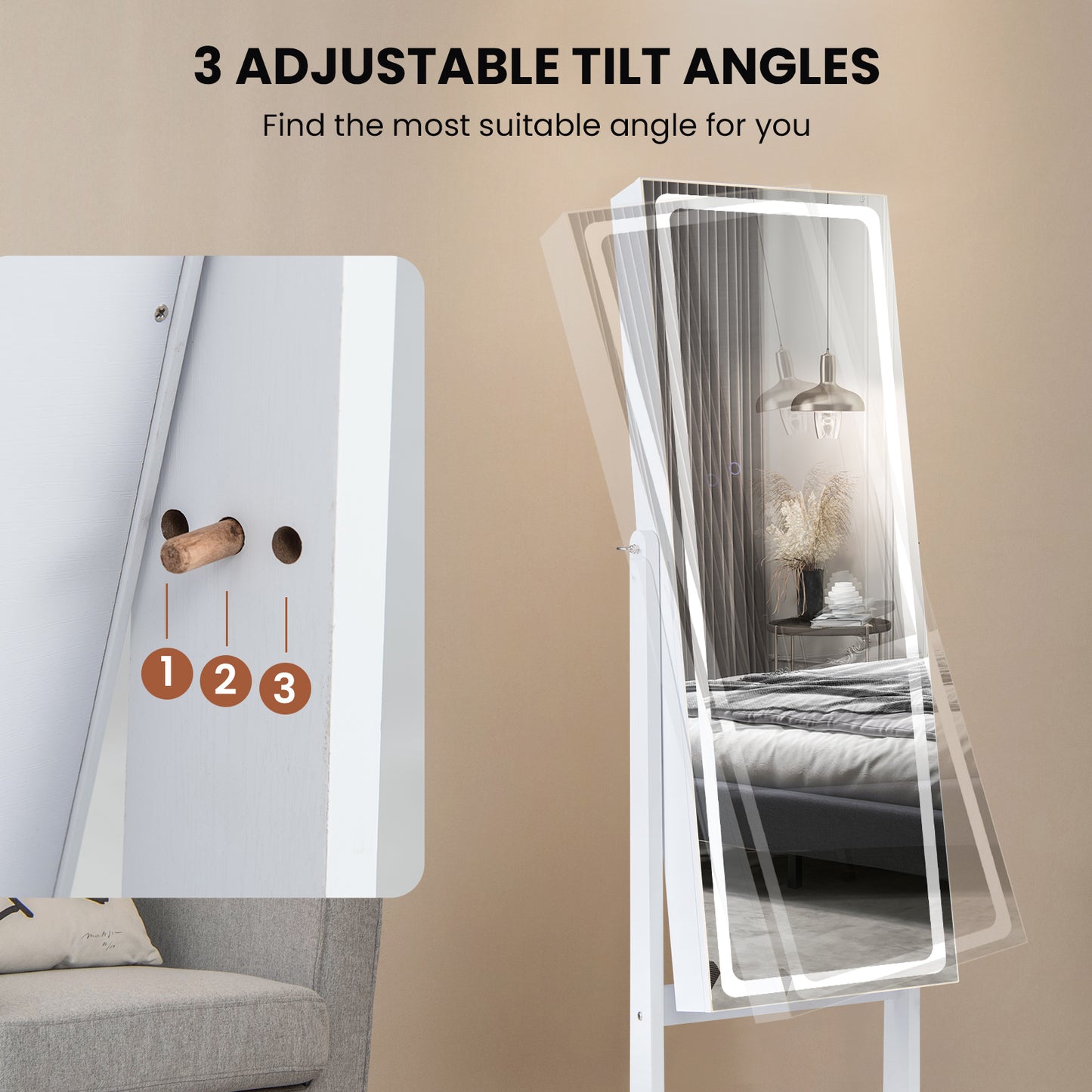 Standing Jewelry Armoire with Lock, LED Lighted Full-Length Mirror and Storage Shelves – White