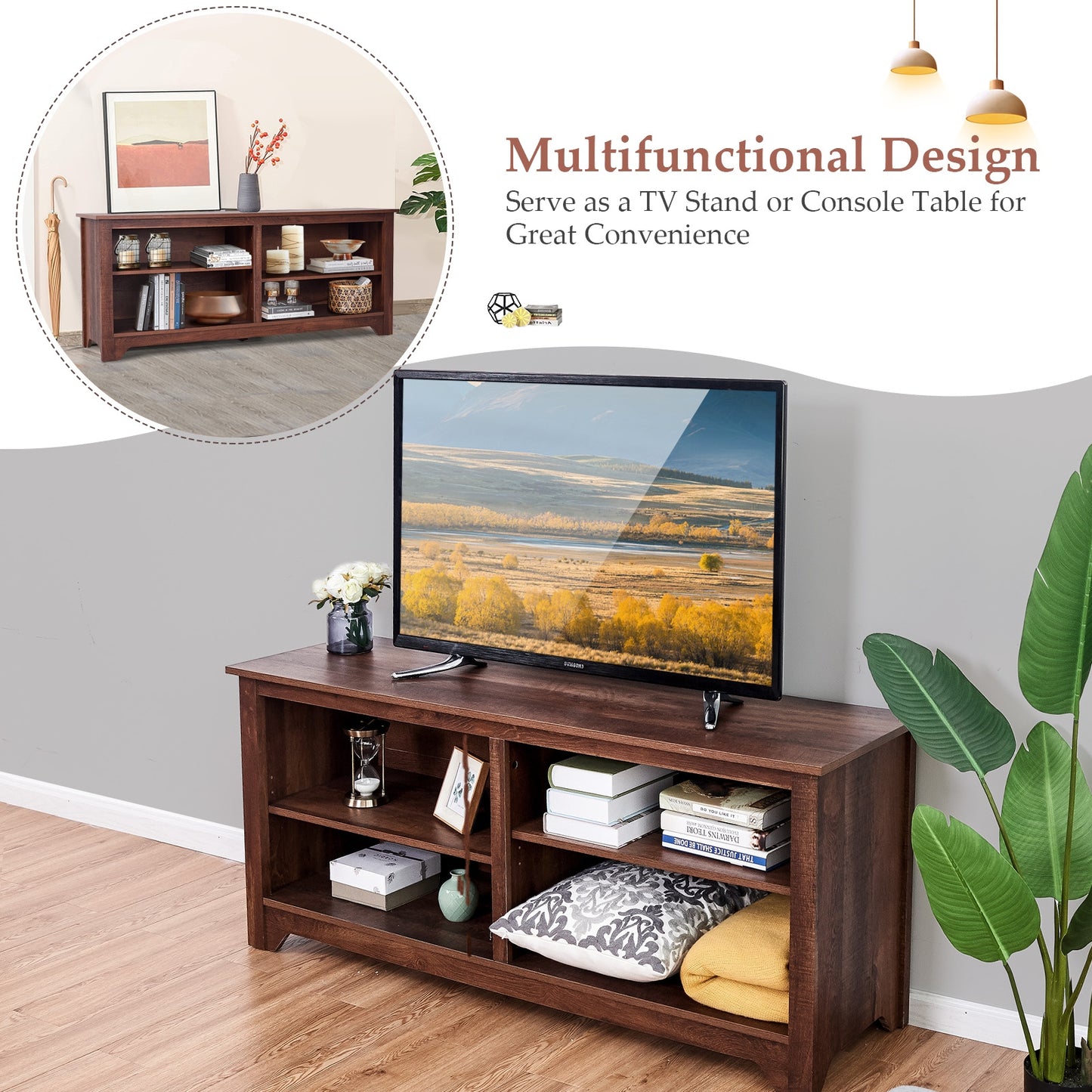 Spacious 58 Inch Wood TV Console for TVs up to 65 Inches with Open Shelving