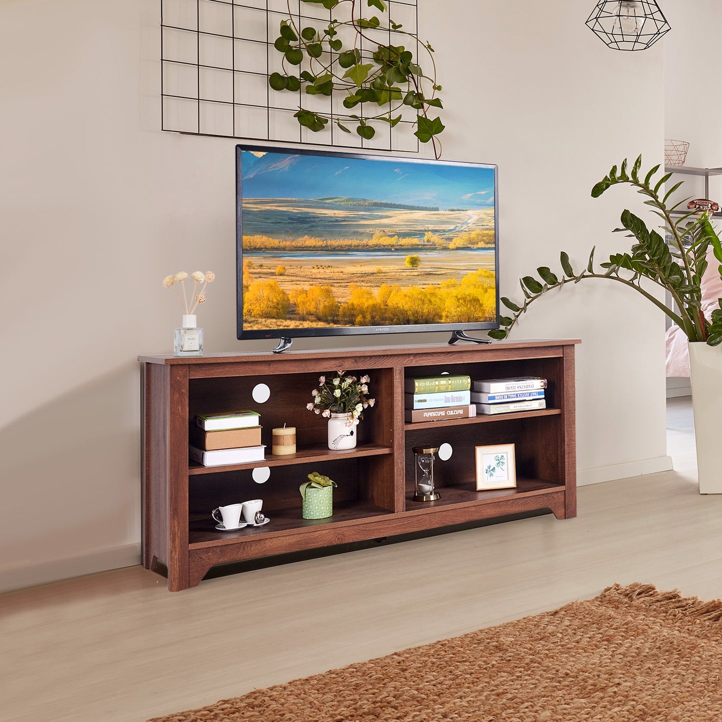 Spacious 58 Inch Wood TV Console for TVs up to 65 Inches with Open Shelving